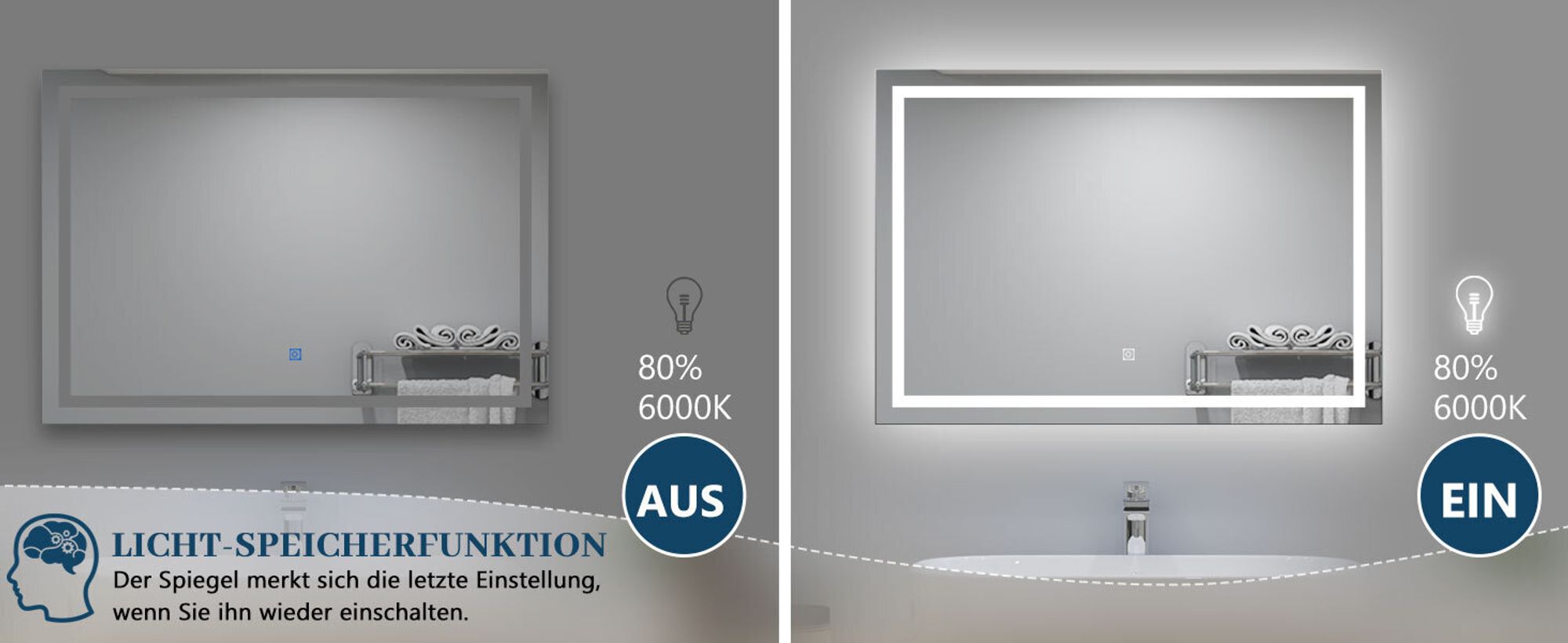 AICA LED Badspiegel 100x80cm Palmer-Serie 3 Lichtfarbe 3000K-6000K Dimmbar Wandspiegel mit Touch/Wandschalter Beschlagfrei Auto-Abschaltung IP44