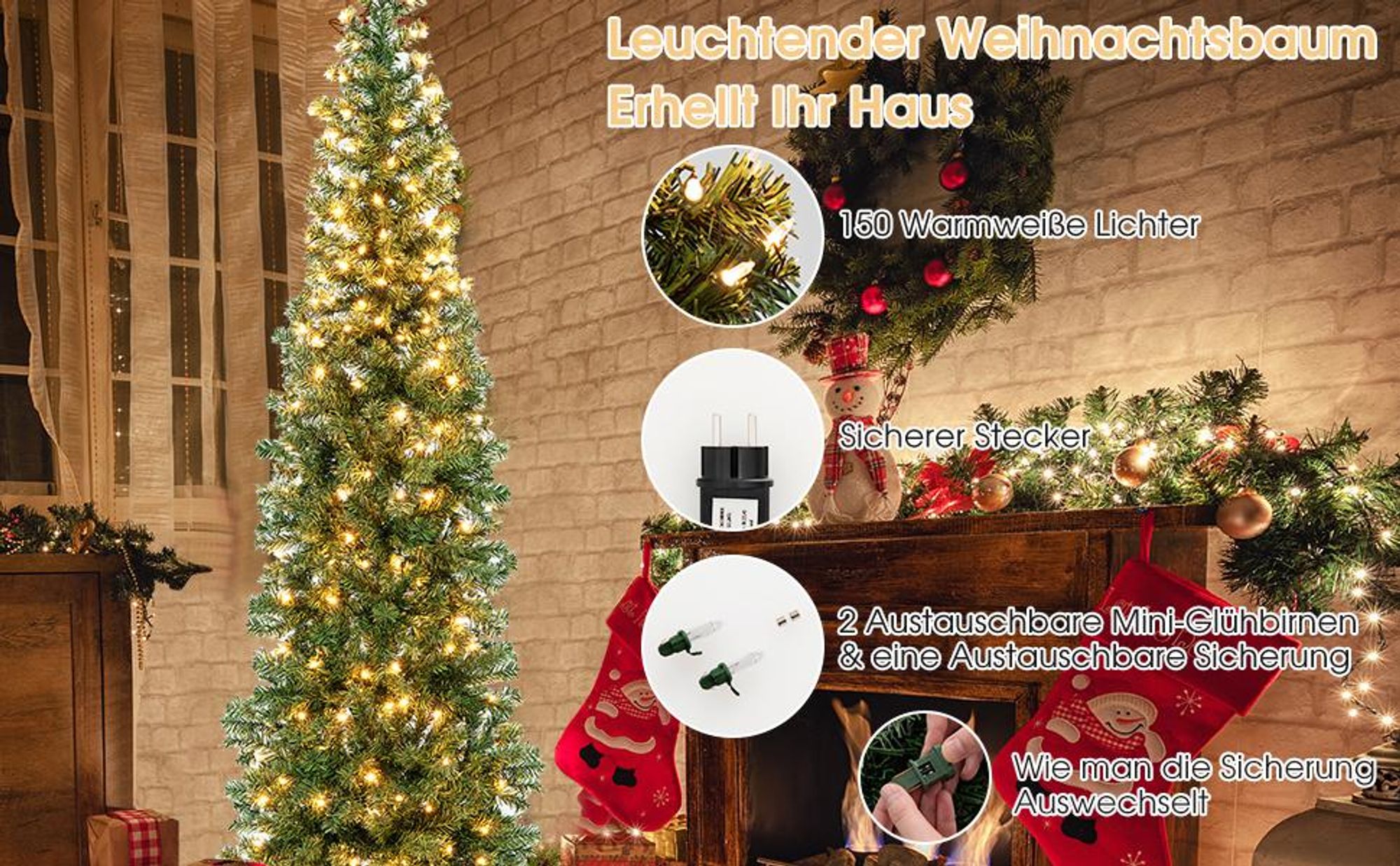 COSTWAY 210cm LED Weihnachtsbaum, platzsparender Christbaum mit 450 Zweigspitzen, 150 LED & Metallständer, schlanker Tannenbaum Kunstbaum für Innen