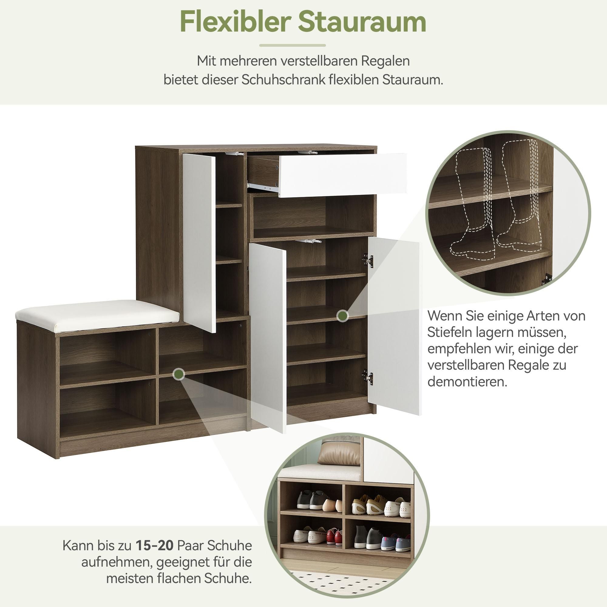 Merax Schuhschrank mit 3 Tür, Schubladen, Offene Fächer, Schuhkipper, Schuhkommode, Schuhablage, Schuhregal für 15–20 Paar Schuhe, Weiß