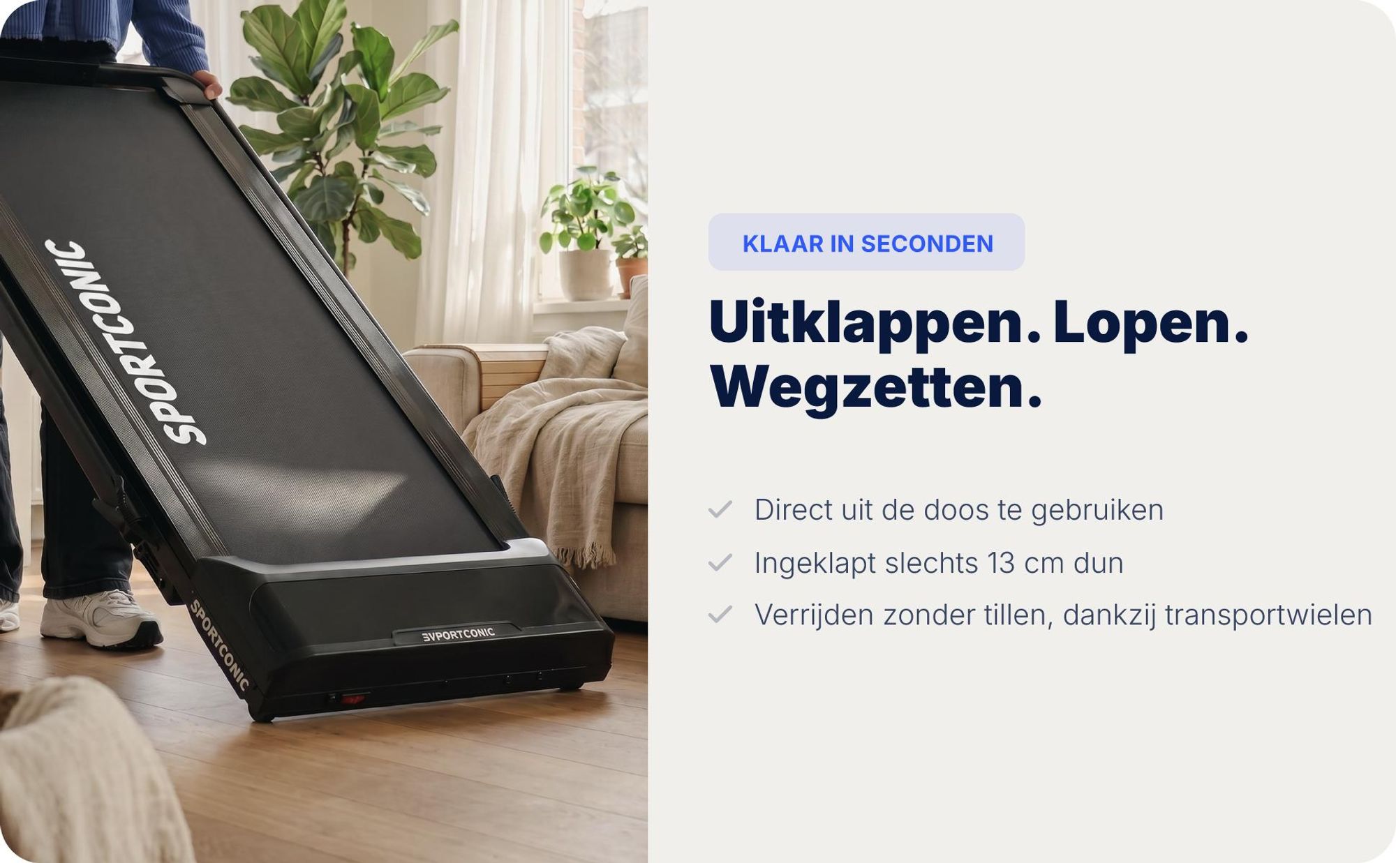 Sportconic Elektrische Loopband, 12 km/u, Opvouwbare loopband voor thuis of op kantoor, 9% helling, LED-display, tablet houder