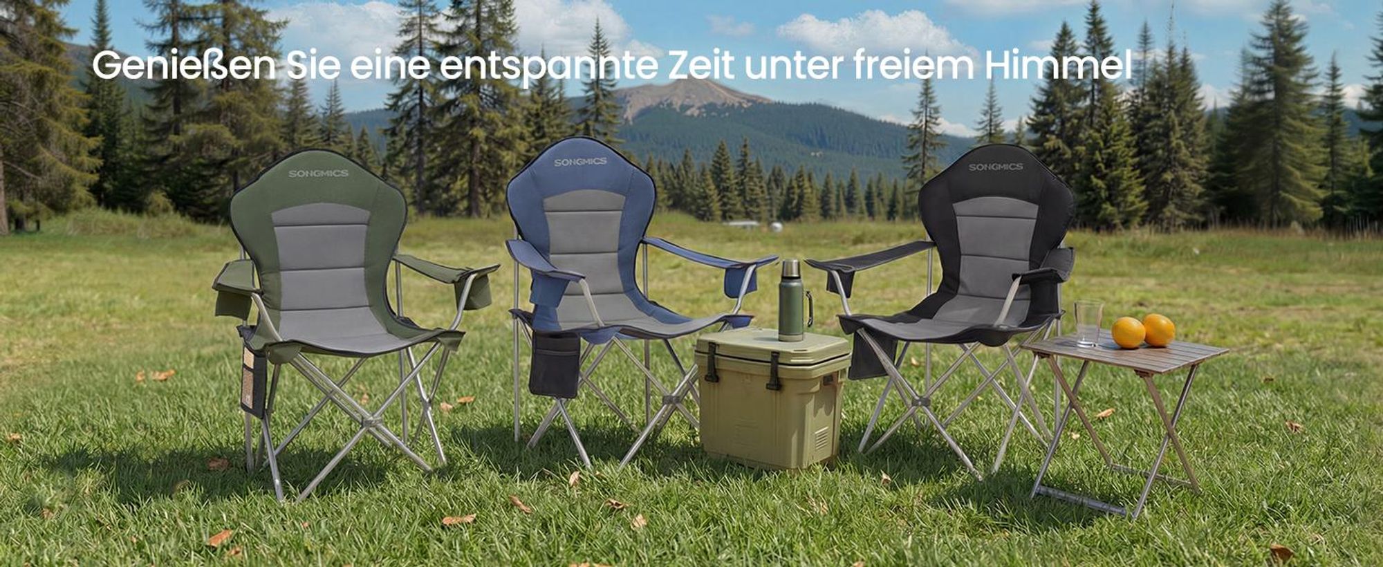 SONGMICS Faltbarer Outdoor-Stuhl, breiter Sitz, hohe Rückenlehne, Getränkehalter, Organizer, tragbar, blau-grau