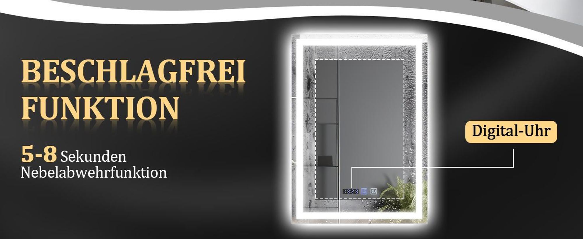 ZMH LED zrcadlová lampa Stmívatelná s osvětlením Zrcadlo 50x70cm Nástěnné zrcadlo Dotykový spínač Hodiny Funkce odmlžování Osvětlené zrcadlo 3000K-6500K pro koupelny