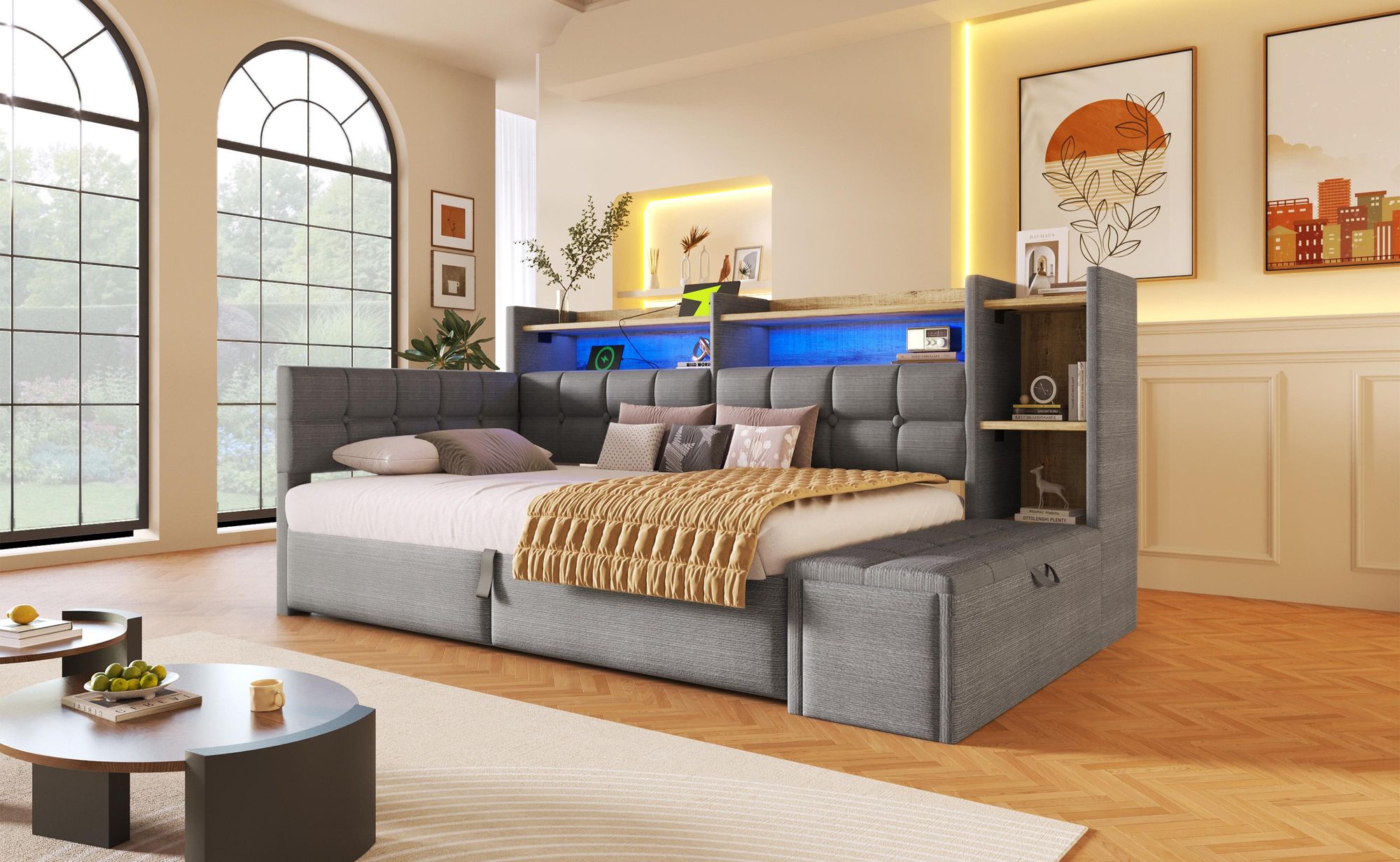Merax Tagesbett Daybett 90x200cm, Schlafsofa mit 2 Schubladen, USB & Typ-C, Regal mit LED, Stauraumbank, Polsterbett, Kinderbett, Samt, Dunkelgrau
