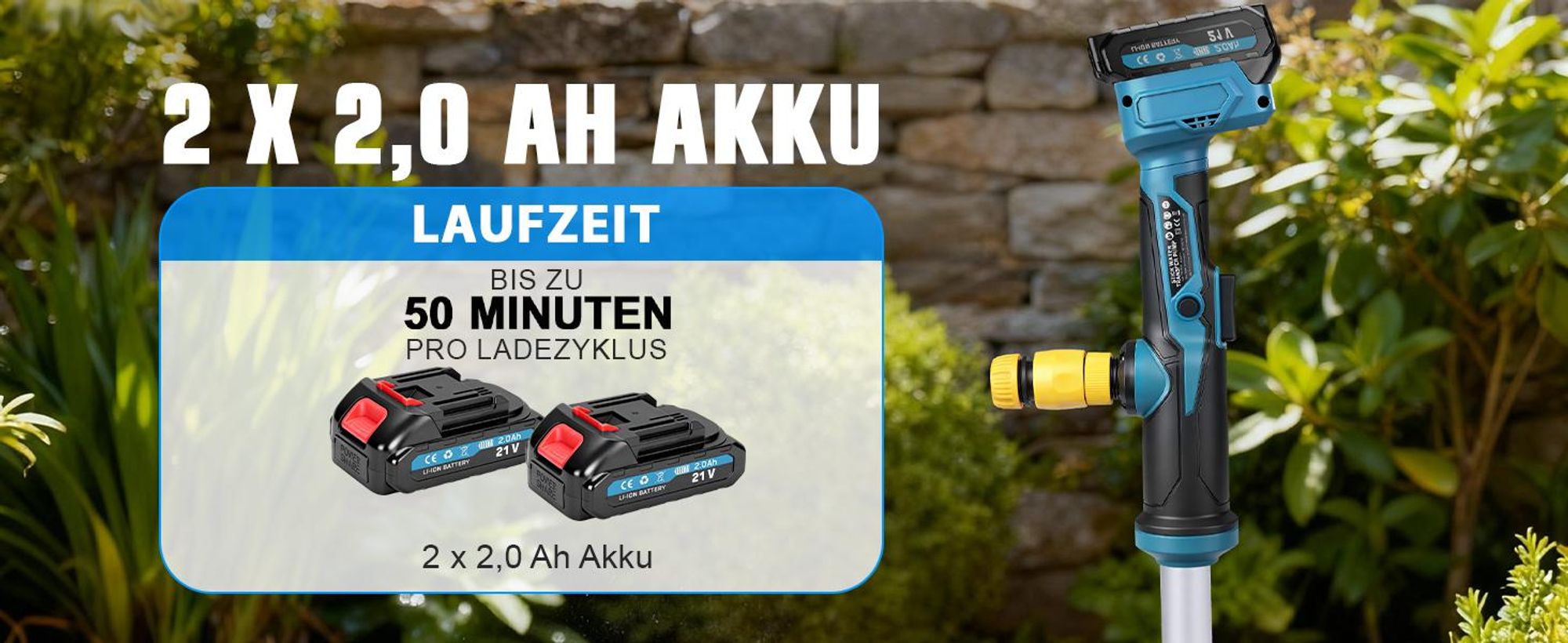 3000 L/h Akku Regenfasspumpe mit 2×2.0Ah Akku & Gartensprühdüse Kabellose Stab-Transferpumpe Elektro Wasserpumpe für Pool/Garten/Teich/Wohnmobil/Boot