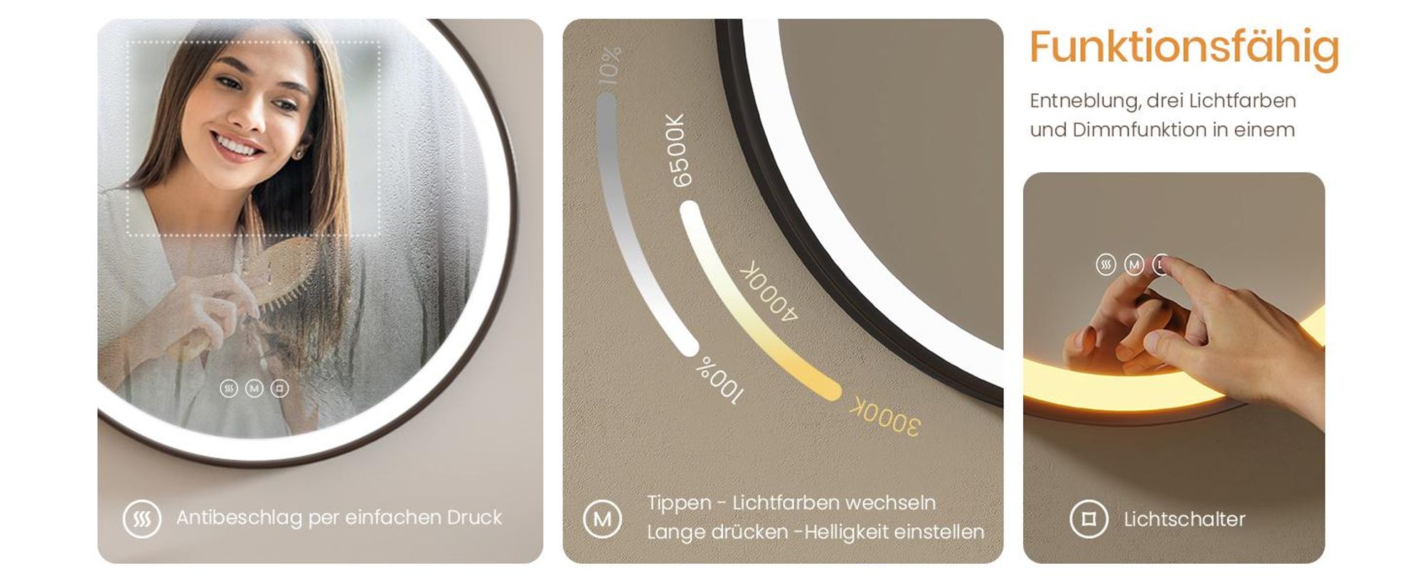 EMKE LED Badspiegel Rund 60 cm Durchmesser LED Spiegel Badezimmerspiegel mit Beleuchtung 3 Lichtfarbe 3000-6400K Kaltweiß Neutral Warmweiß Dimmbar Lichtspiegel mit Beschlagfrei und Touchschalter IP44 Energiesparend (Schwarz Design)