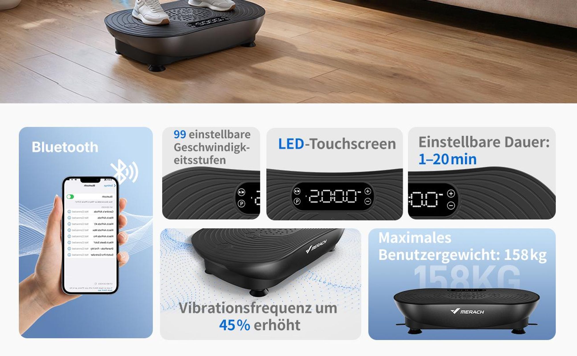 Vibrationsplatte, leise und Kompakte Vibrationsplatte mit LED-Display, mit Fernbedienung, für Ganzkörpertraining zu Hause, bis 158 kg