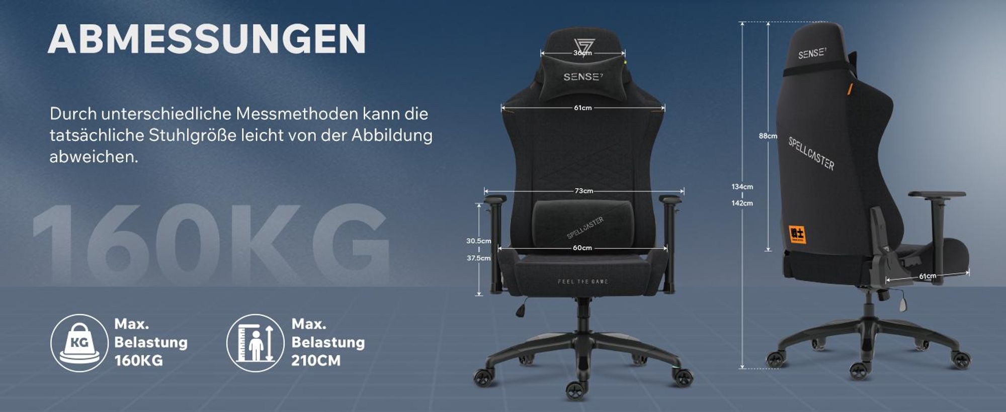 SENSE7 Spellcaster SENSHI XL Gaming Stuhl Stoff Schwarz - Ergonomischer Bürostuhl für große Personen 160kg Chefsessel Kaltschaum 2D-Armlehnen
