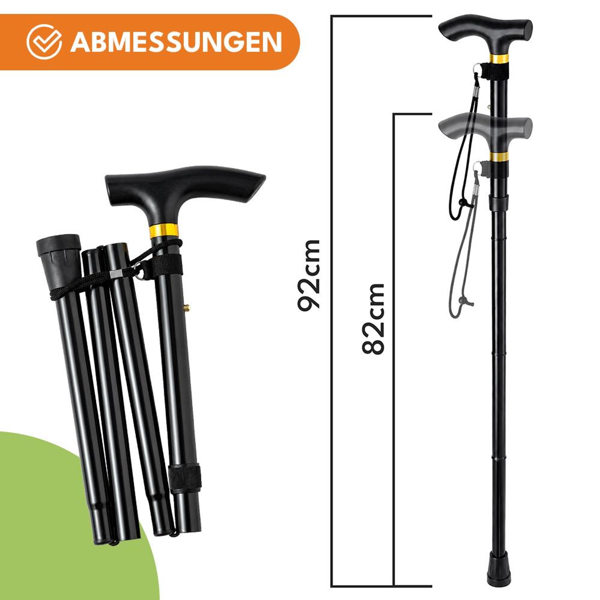KRUMAD Gehstock klappbar höhenverstellbar 82–92 cm, Teleskop Gehstock für Senioren, faltbare Gehhilfe mit rutschfestem Stand, Schwarz