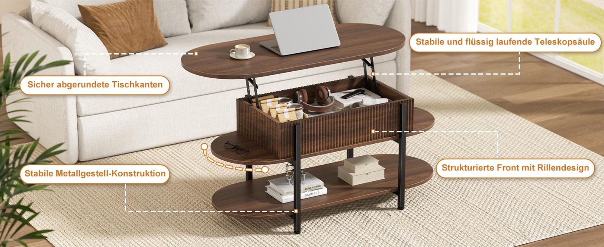 FABATO höhenverstellbare Konstruktion, dreistöckiges Design, versteckter Stauraum und edle Nussbaum-Optik,Moderner ovaler Couchtisch von