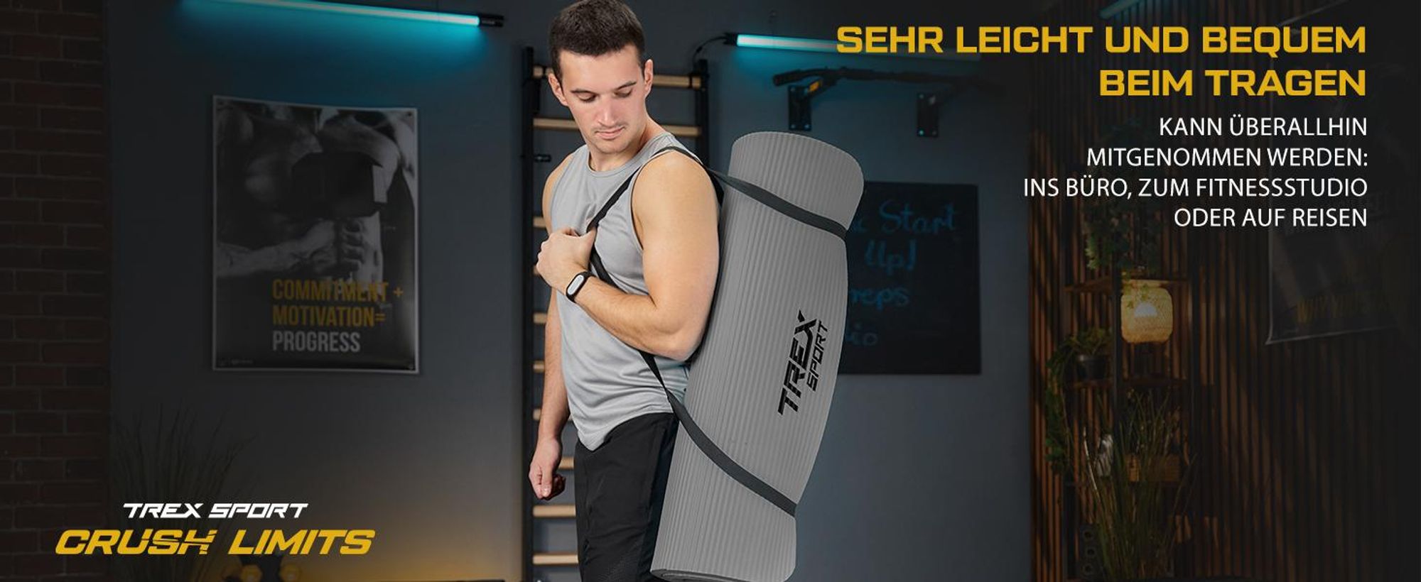 TREX SPORT Gymnastikmatte Fitnessmatte 2cm TX-029NGM | Yogamatte Pilates 190×80×2cm | Trainingsmatte rutschfest, wasserdicht | Sportmatte grau