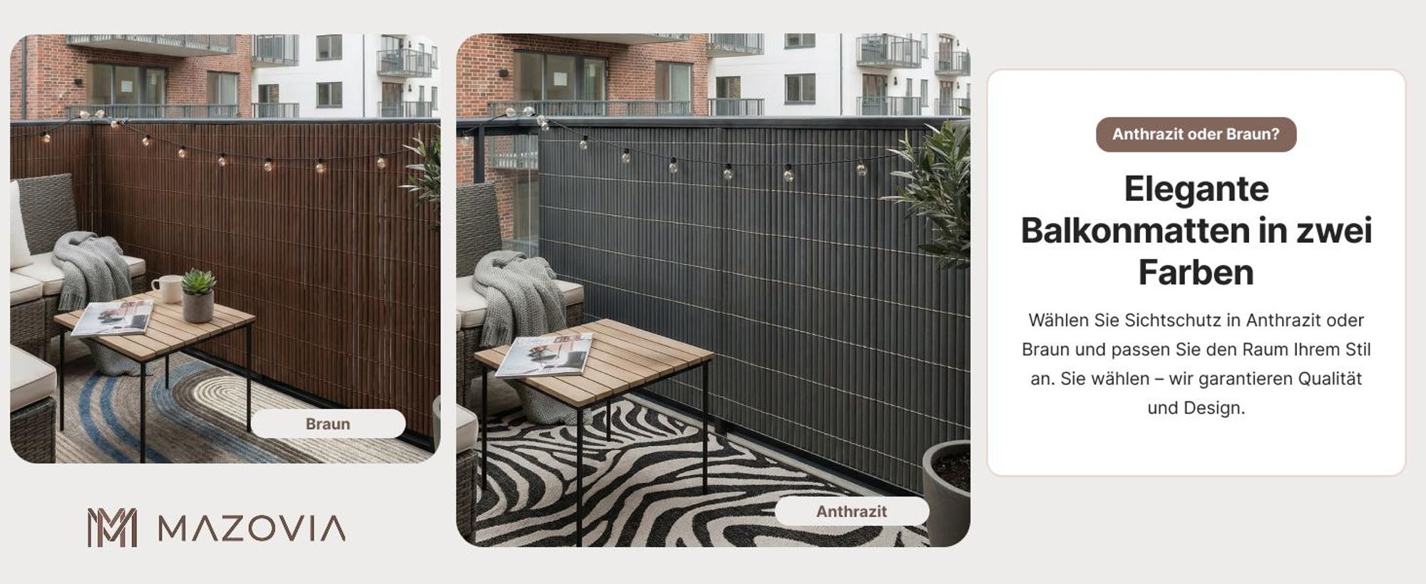 Sichtschutz Balkon, Terrasse, Garten, PVC, Mazovia 100x300 cm Grau, Sturmfest, Ohne Bohren Sichtschutzmatte, Wetterfest und UV-beständig, Ganzjähre