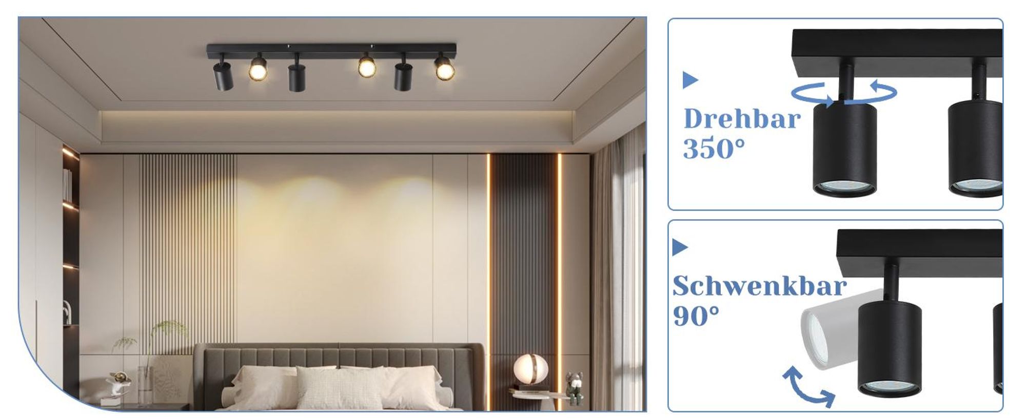 Spot LED ZMH à 6 ampoules, lampe de plafond GU10 en métal, spots orientables à 350°, luminaire de plafond noir pour salon, chambre à coucher et couloir