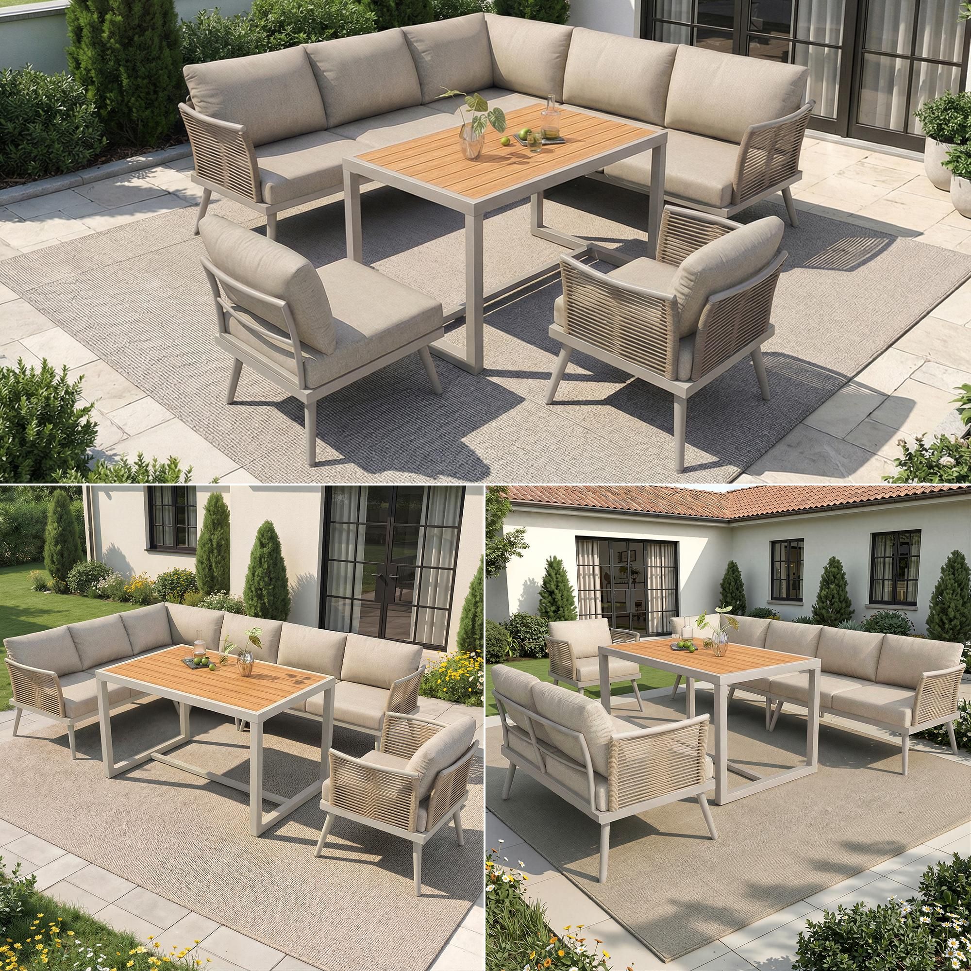 Flieks Gartenmöbel-Sets 6-tlg., Gartensofa mit Ecksofa, Stuhl und Tisch, Gartenloungeset Loungemöbel für 7 Personen, Gartengarnitur Sofagarnitur Beige