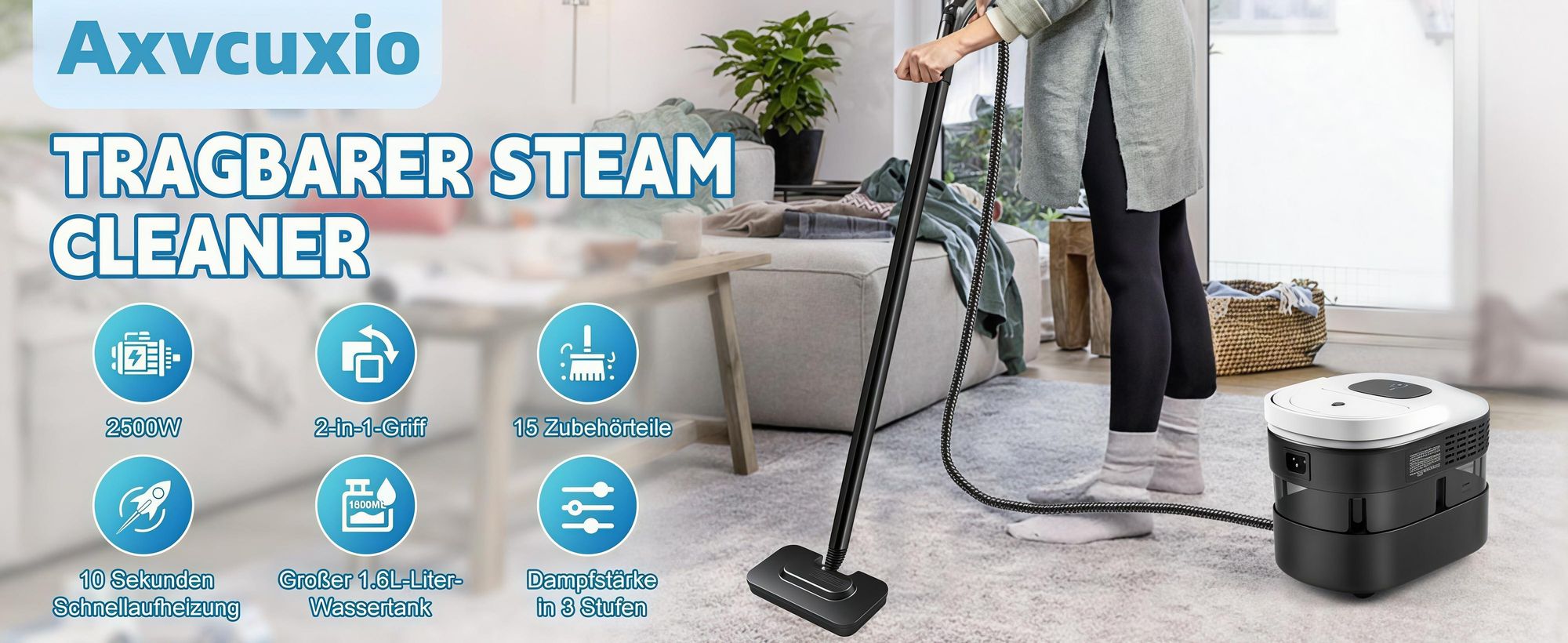 2500W Hand Dampfreiniger für alles mit 15 Zubehör, 4.5bar Dampfdruck 1,6L Tank,Mehrzweck-Dampfgarer, Tragbarer Steam Cleaner für Fenster, Küche, Boden
