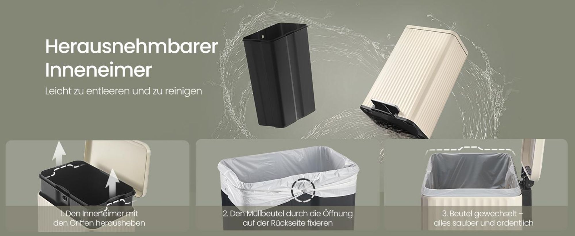 Abfalleimer für Küche, Mülleimer aus Stahl, mit Deckel und herausnehmbarem Inneneimer, Softclose, 50 Liter, creme
