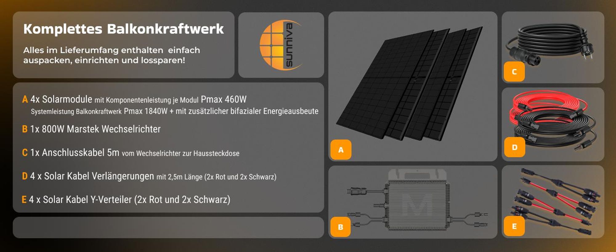 SUNNIVA® 1840W Balkonkraftwerk BIFAZIAL FULLBLACK komplett Steckdose MARSTEK 800 Watt Wechselrichter, Komplettset 4x 460W PV Solaranlage Solarmodule