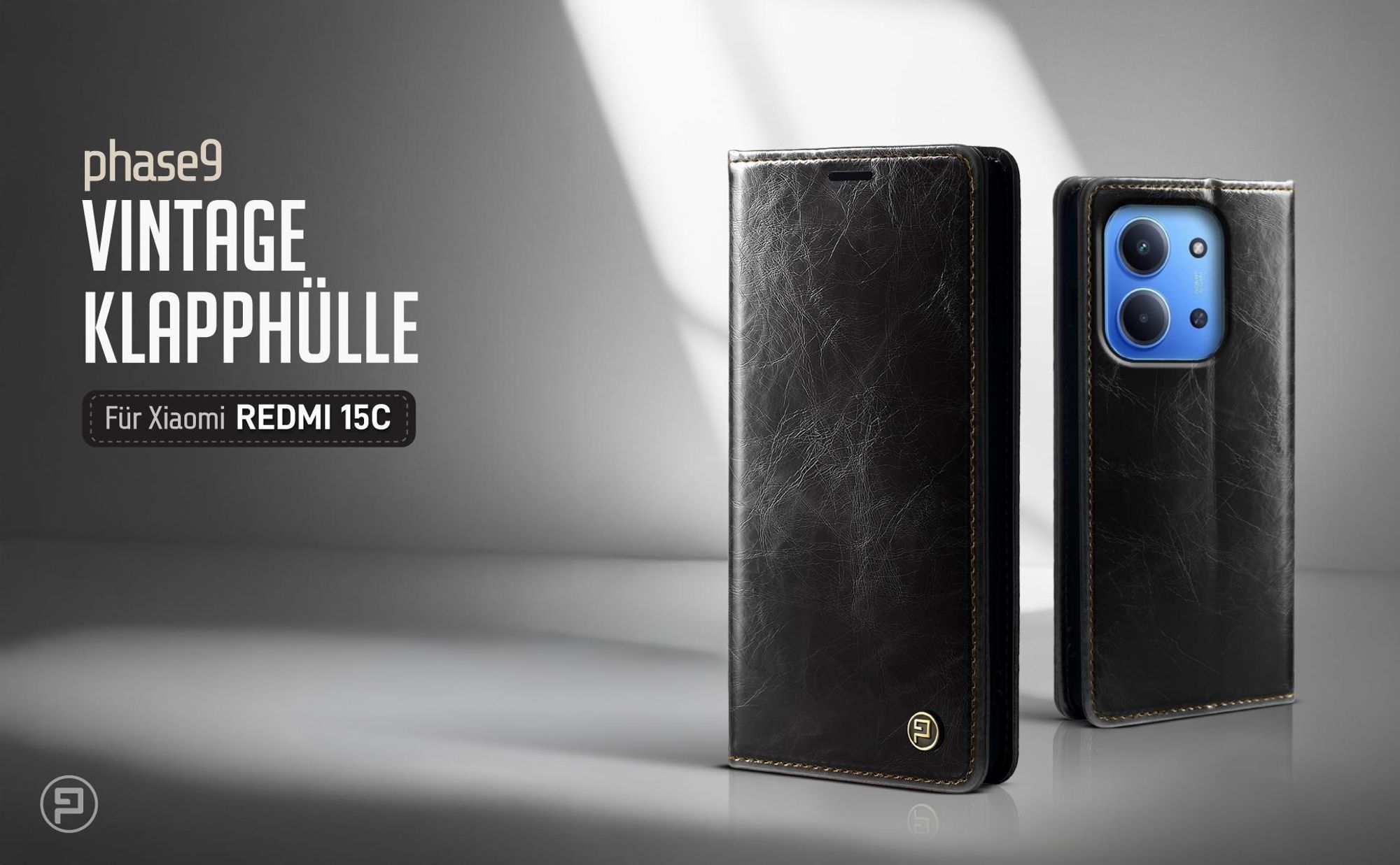 Schwarze Klapphülle für Xiaomi Redmi 15C im klassischen Vintage Look
