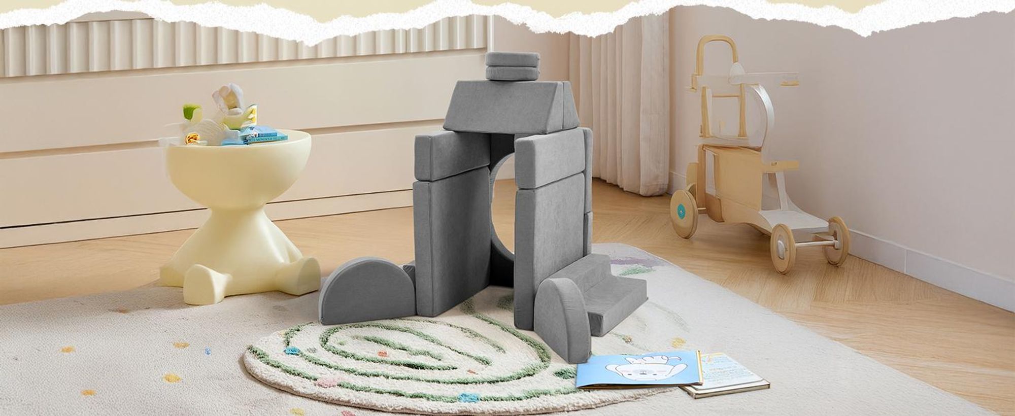 FCH Kindersofa, Multifunktionaler Spieltisch, Puzzle Sofa,12 in 1, Spielsofa,Kindersessel, für Kinder Spielzimmer, frei baubares, DIY, Kordsamt, Grau