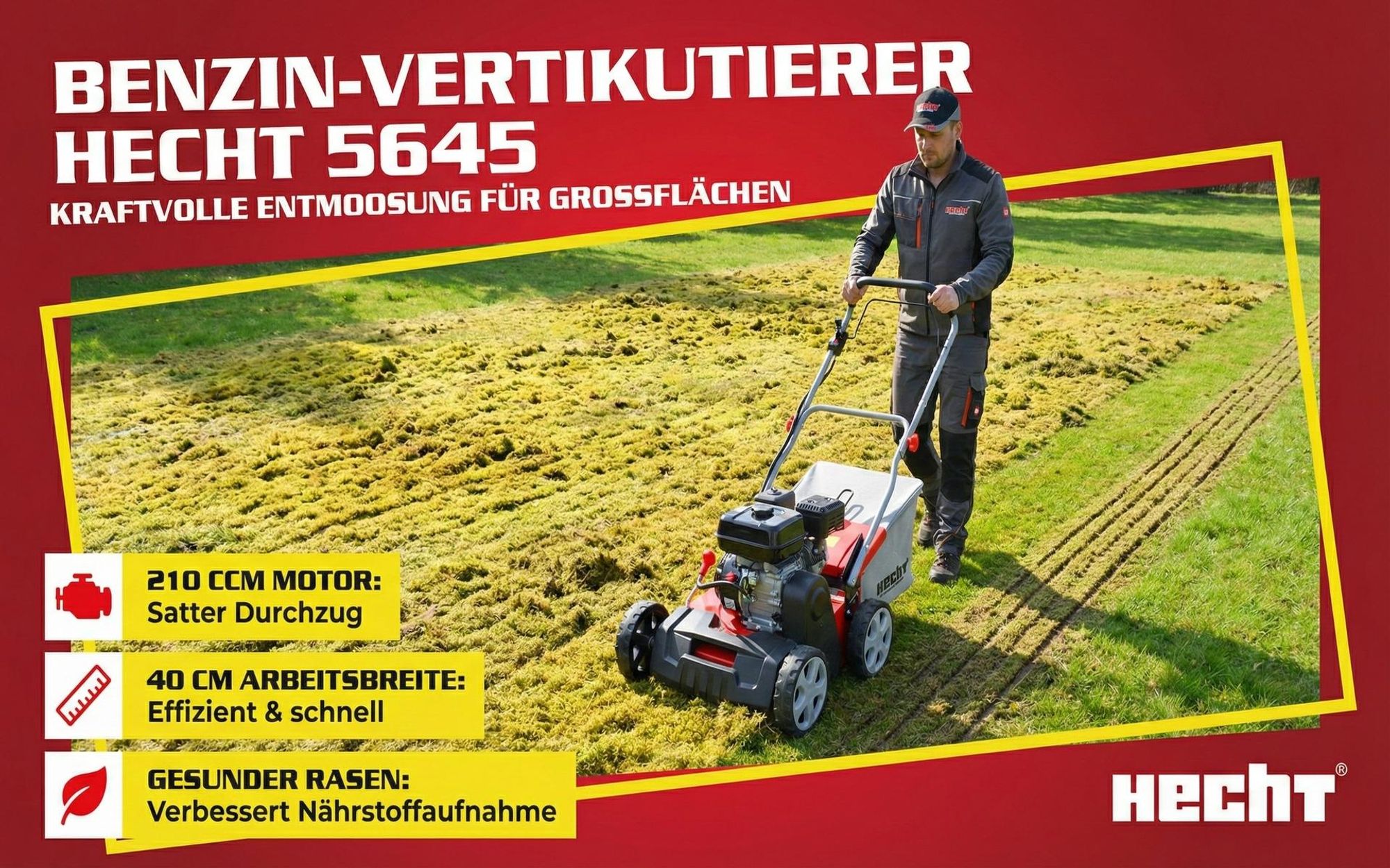 HECHT 5645 Vertikutierer Benzin | 2in1 Rasenlüfter | 40 cm Arbeitsbreite | 5,8 PS | Zentrale Höhenverstellung | 15 Messer | 26 Krallen