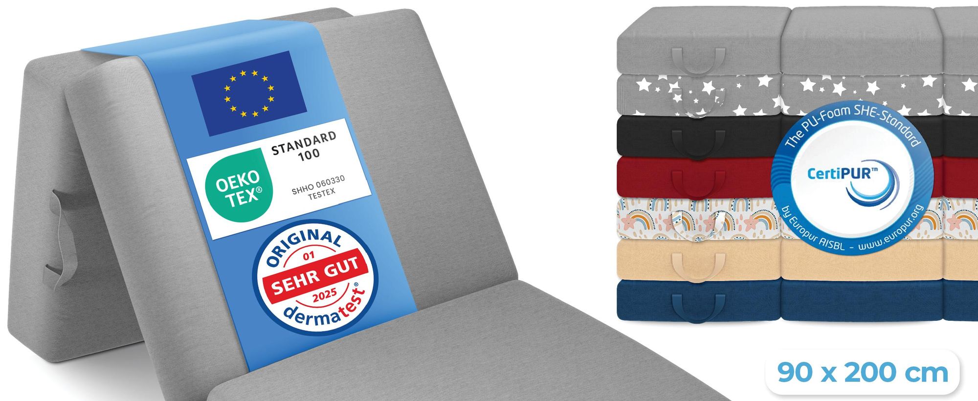 ELONEO Opklapbare matras, gastenmatras, 3-delige opvouwbare matras, extra dik schuim (15 cm), geschikt voor mensen met rugproblemen, opklapbaar, opvouwbare matras (grijs)