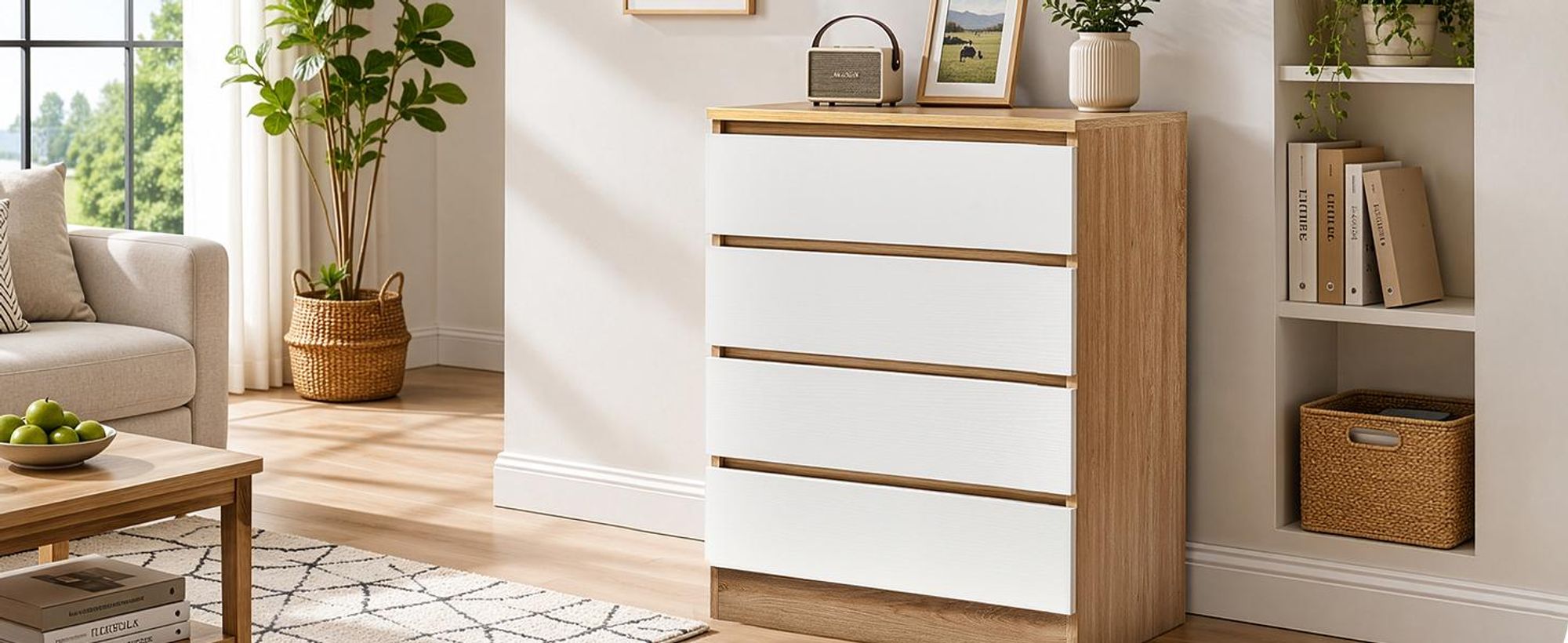 Kommode mit 4 Schubladen Sideboard Weiß und Eiche Anrichte holz