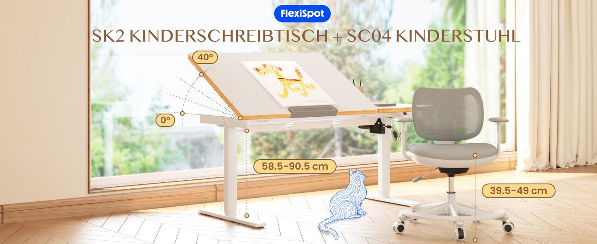 FLEXISPOT Kinderschreibtisch und Stuhl Set, Elektrisch höhenverstellbar, Neigbare Tischplatte, 3 Speicherplätze, Kindersicherung, 110x52 cm