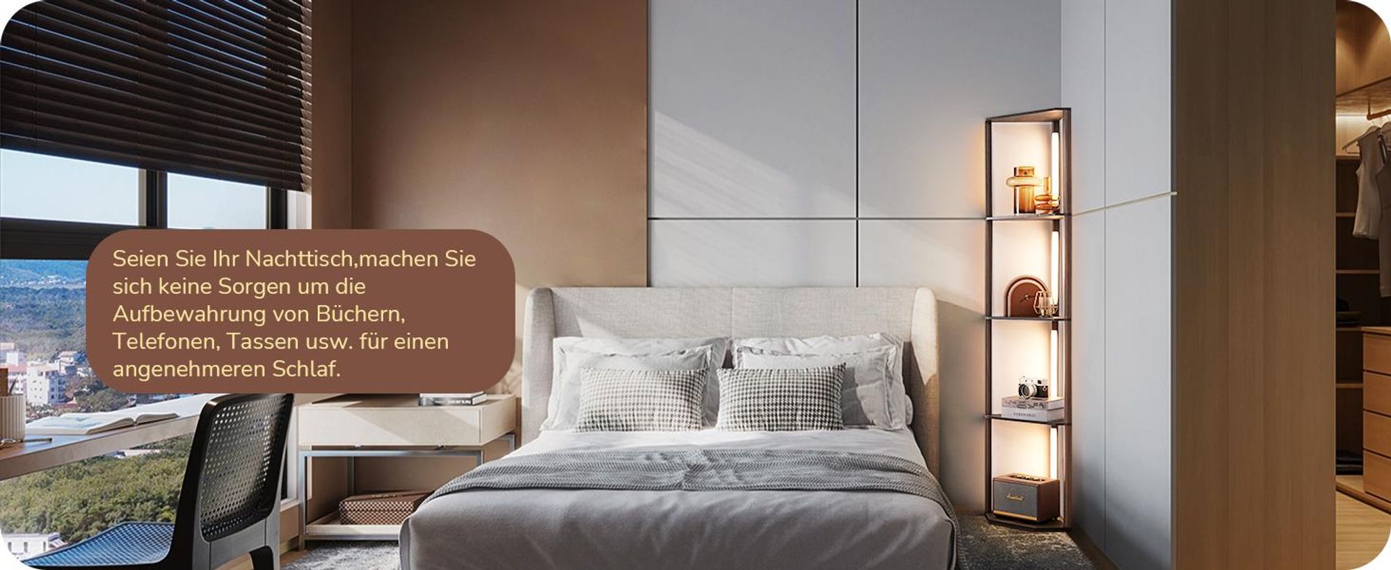 EDISHINE Stehlampe Wohnzimmer mit 4 Holz-Regal, LED Dimmbar Stehlampe mit 360° Drehbarer Lichtmast