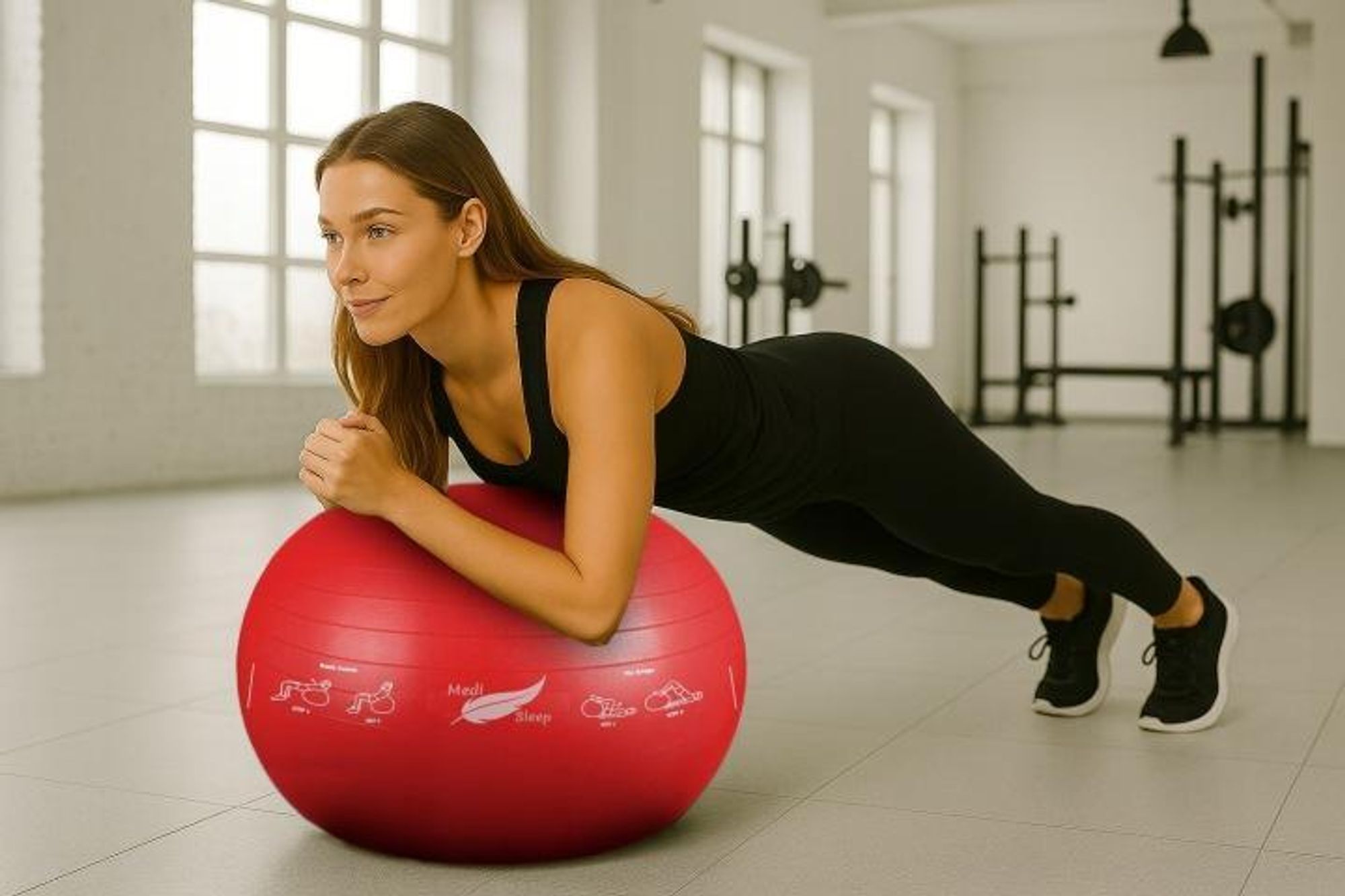 Gymnastikball 65 cm mit Luftpumpe - Sitzball, Trainingsball, Yogaball, Pilatesball - Fitnessball für Core Training mit gezeichneten Übungen - Rot