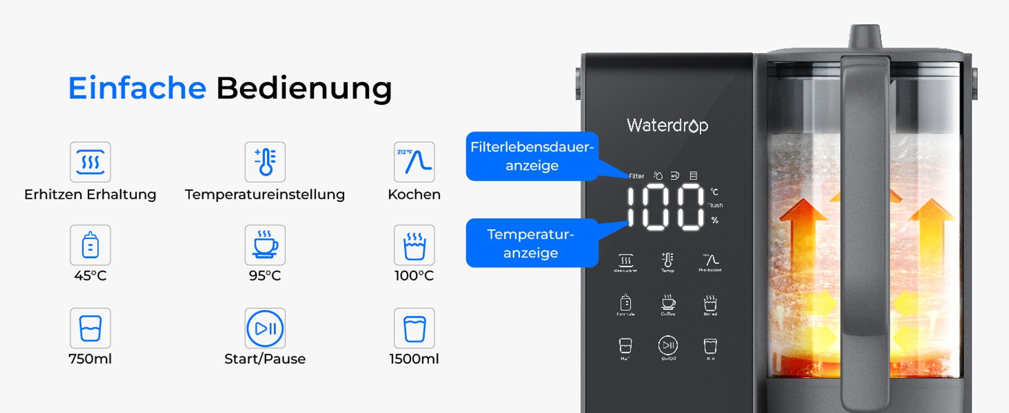 Waterdrop WD-M1 Heißwasser Umkehrosmose Tischwasserfiltersystem, 7 Temperaturoptionen, 6-stufige Reinigung, 3:1 Rein zum Abfluss, ohne Installation