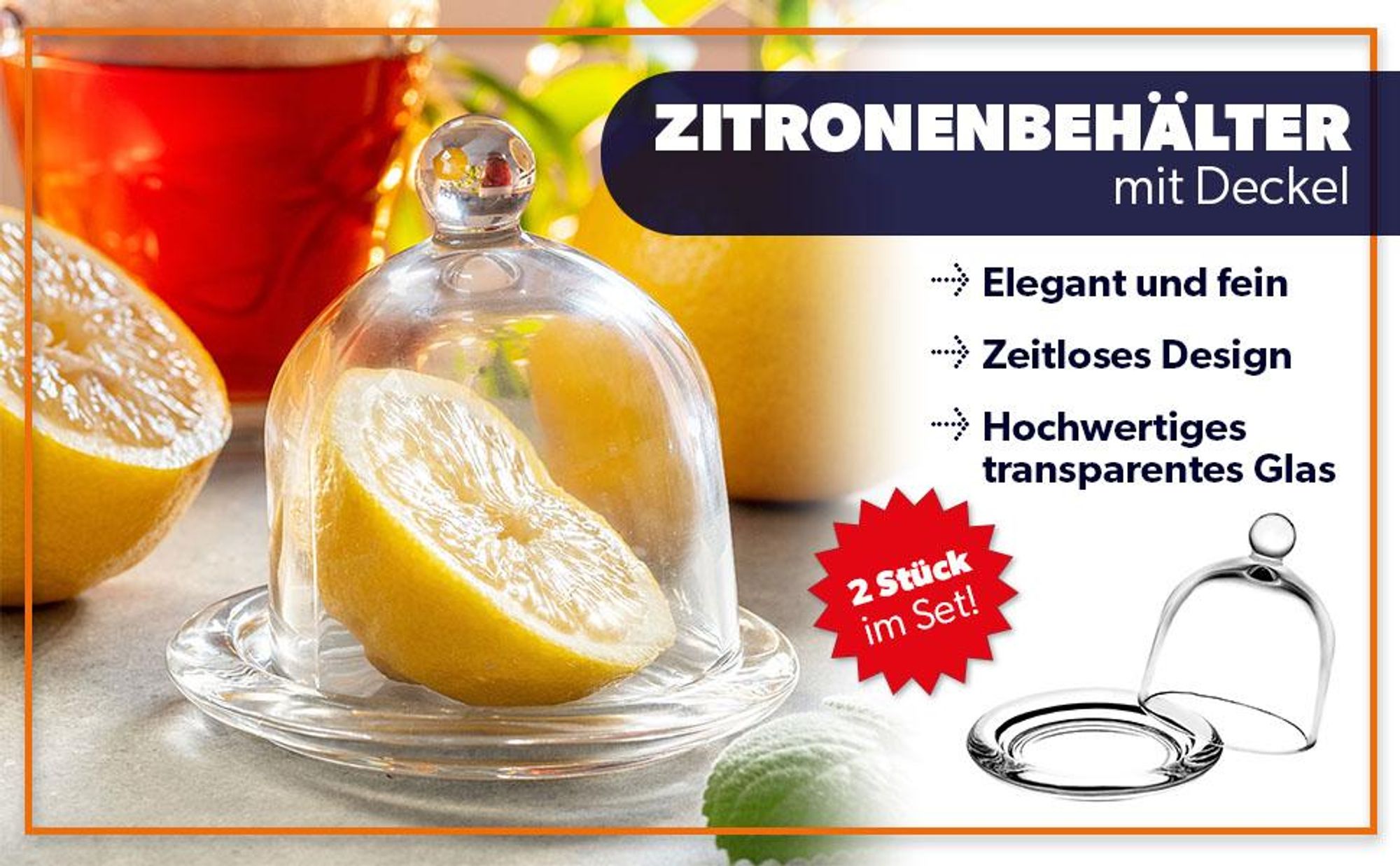 KADAX Zitronenbehälter mit Deckel "Jorre", Vorratsbehälter, Glasbehälter mit Teller, Frischhaltedose für Zitrone, transparent, 2 Stücke