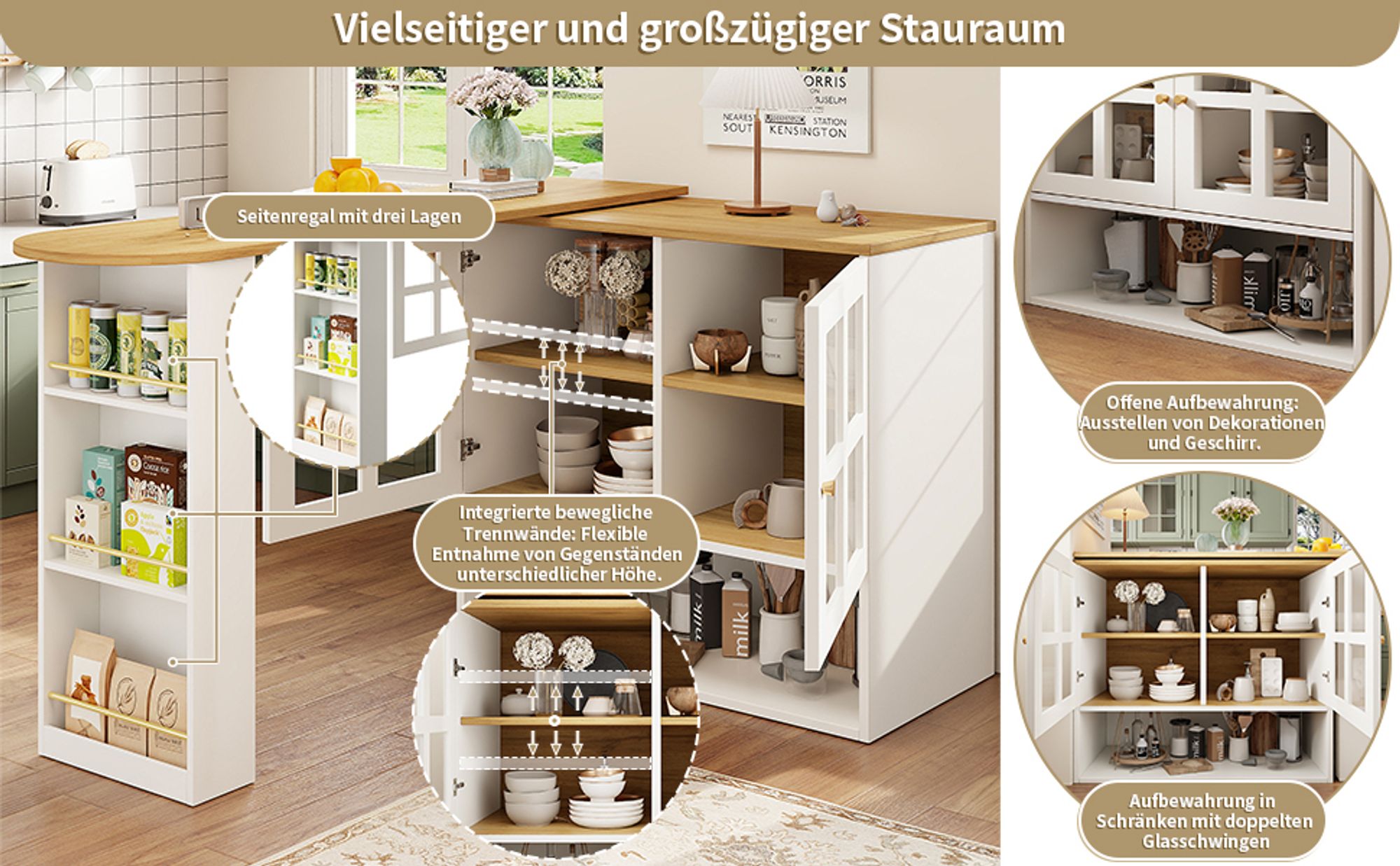 Flieks multifunktionaler Bartisch 360°drehbar, Stehtisch mit Sideboard, Küchentisch ausziehbar, Kaffeebar mit Schrank, Sideboard mit Glastür, weiß