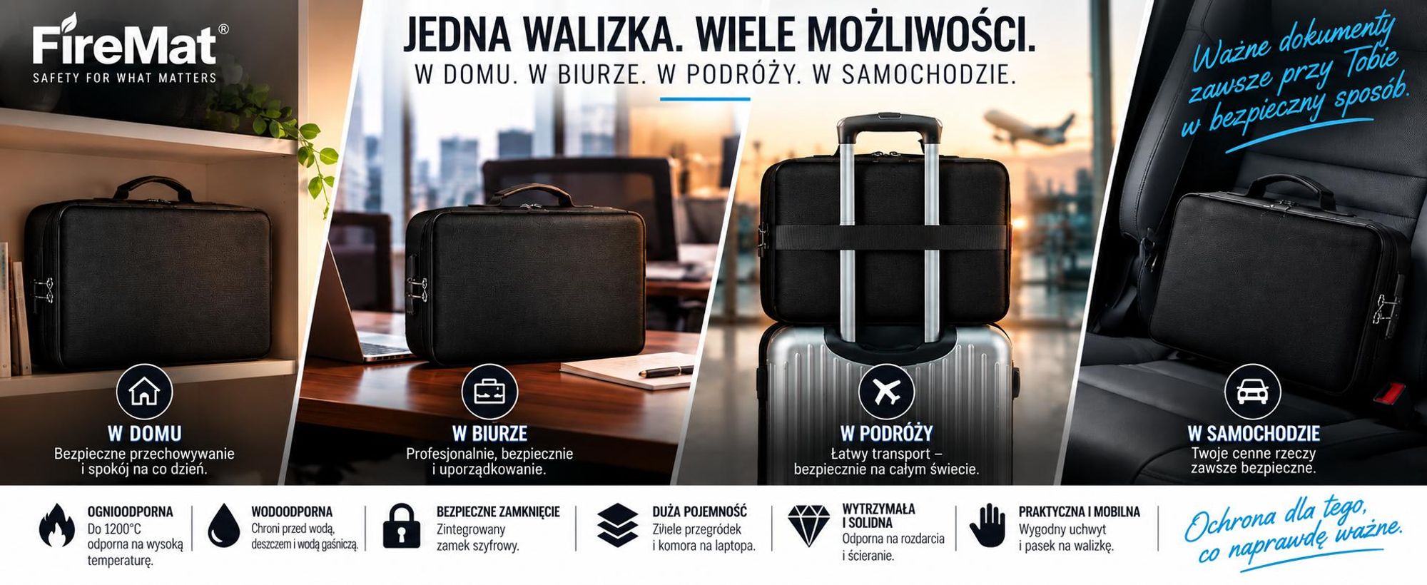 Solidna walizka ognioodporna z zamkiem szyfrowym i dużą przestrzenią.