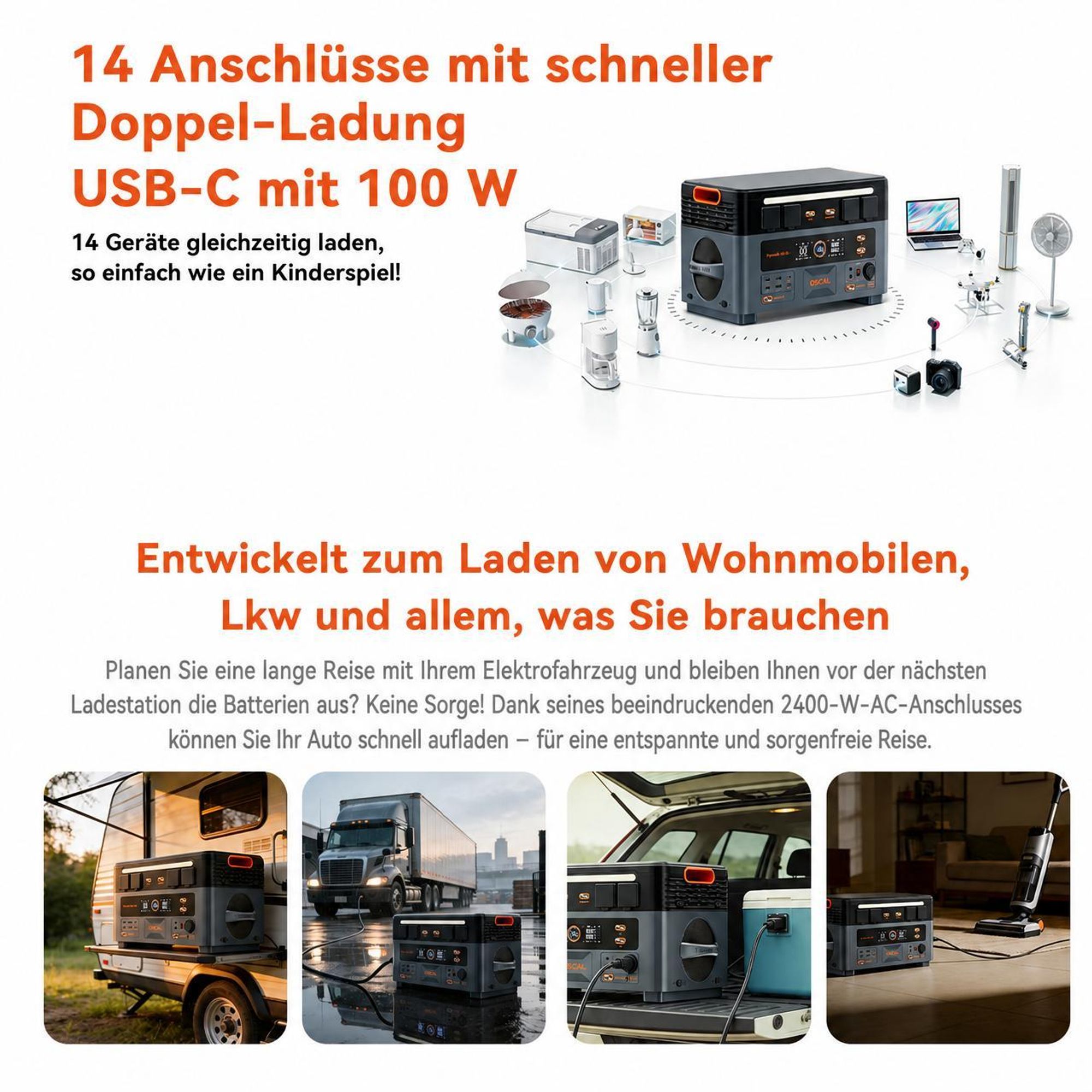 OSCAL PowerMax 2400 SE Trennbare Solarspeicher 2400W Powerstation mit Stereo, Microinverter + PM400Pro Faltbares Solarpanel 400W Mobile Solaranlage