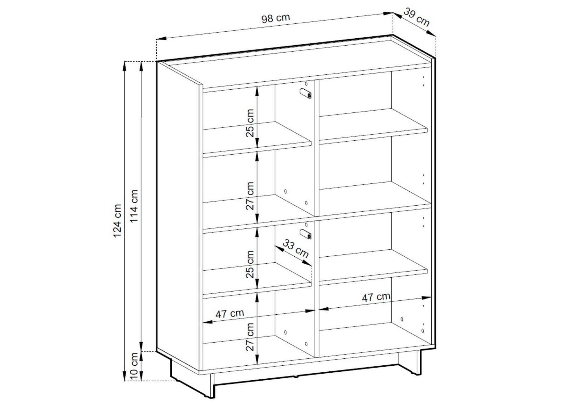 BETTSO Highboard SUNA Japandi Schrank Kommode hoch Eiche Caramel grifflos Wohnzimmer, 4 Türen, 8 Fächer, 98x124x39 cm, Saugroboter-geeignet