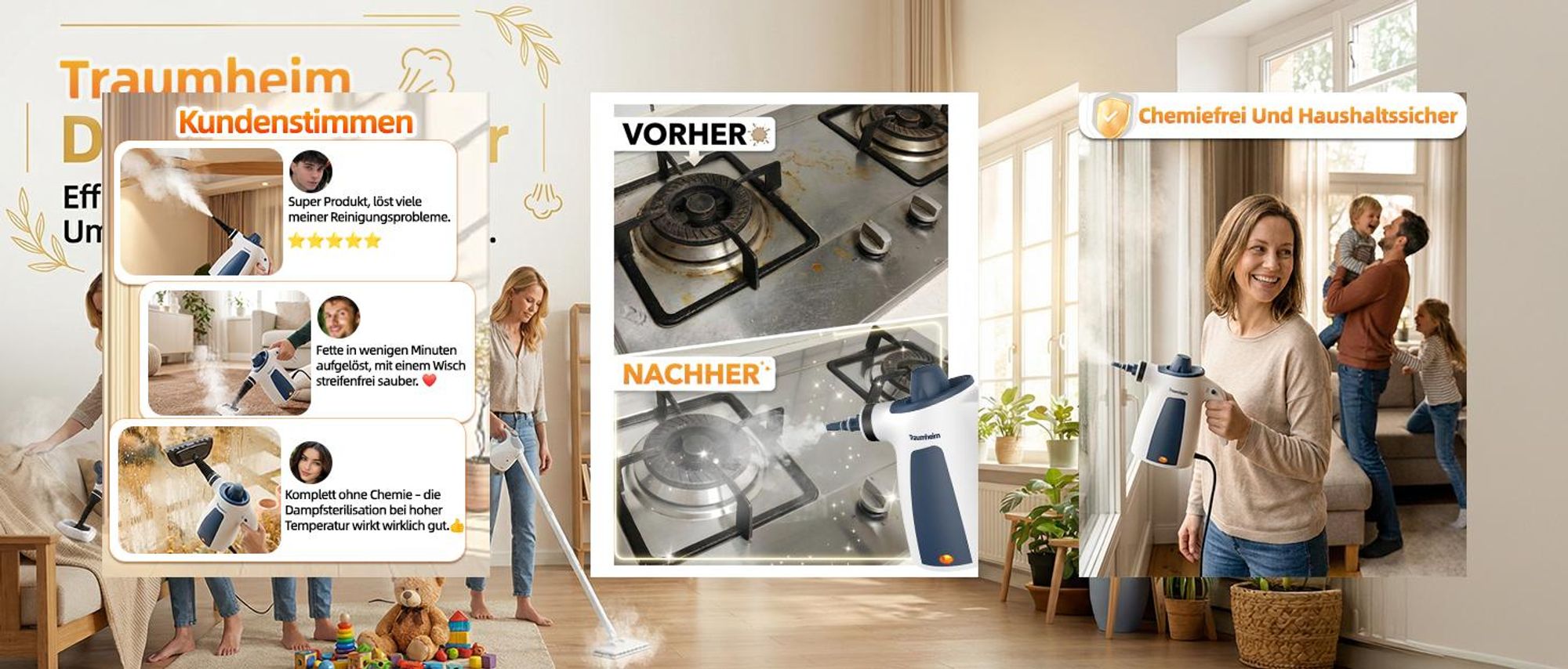 Dampfreiniger, Handdampfreiniger für das Haus Mehrzweck, 3 Bar Dampfdruck 350ML 1200W chemikalienfreier, Reinigung von Küche, Böden, Fliesen, Sofas