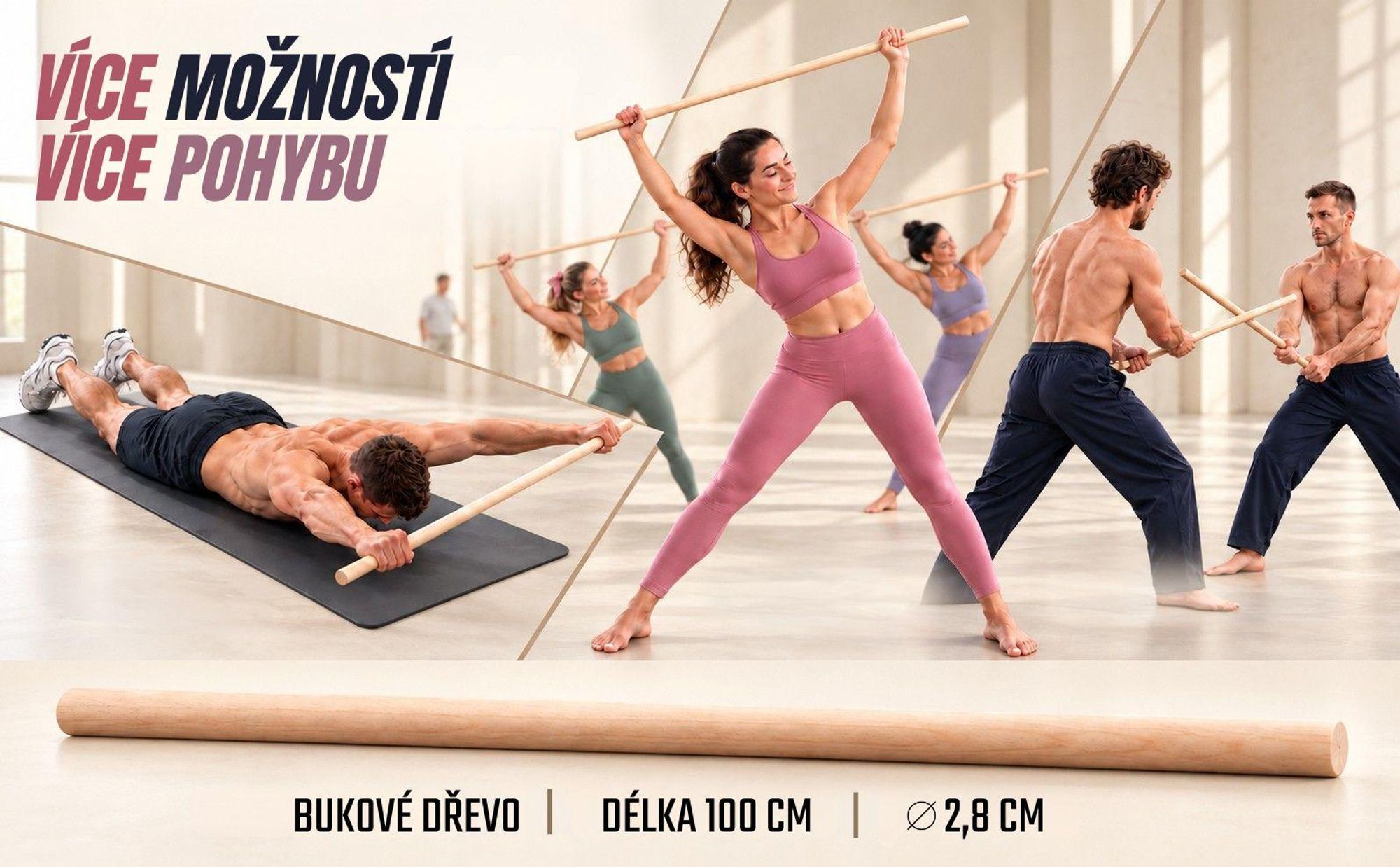 MOE UHANE® Dřevěná gymnastická tyč 100 cm na cvičení, jógu, fitness, mobilitu a rovnováhu, protahovací hůl pro děti a dospělé, přírodní dřevo