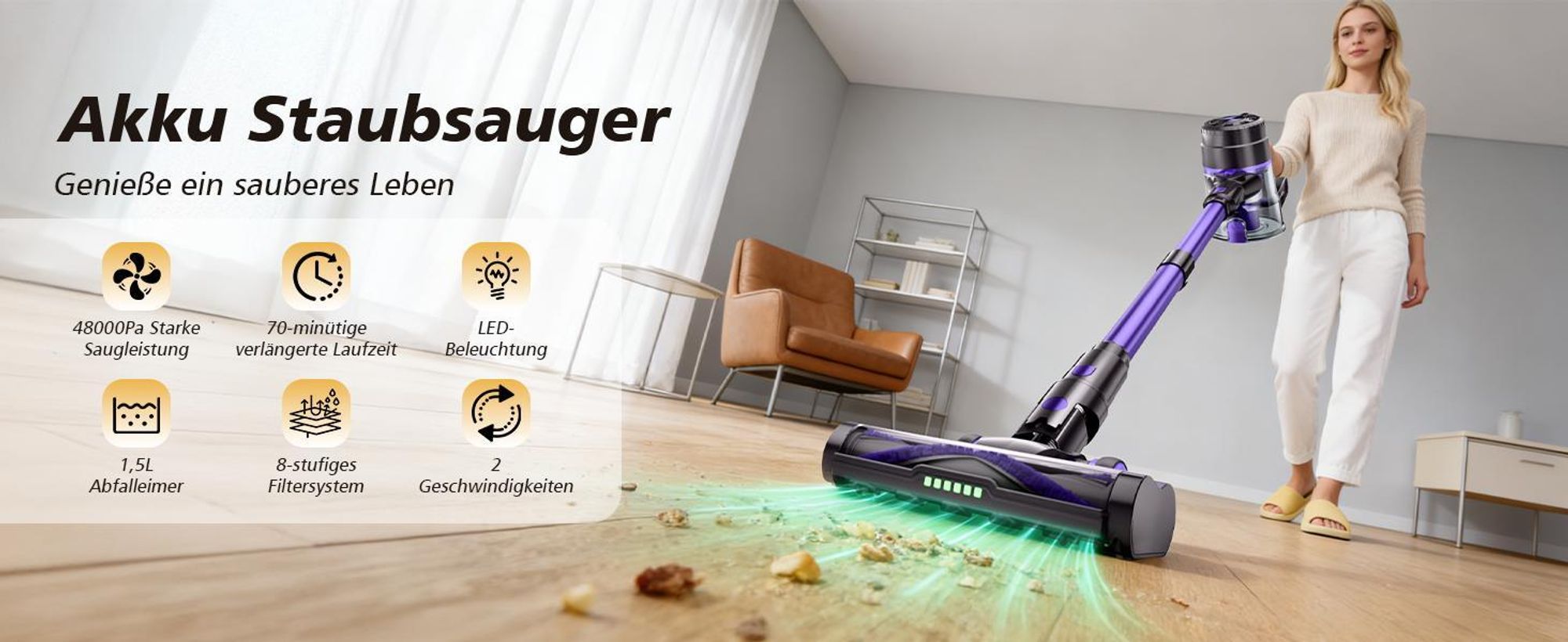 Akku Staubsauger, 48000Pa Staubsauger Kabellos mit Smart Display, Handstaubsauger, 550W Starke Saugleistung mit Anti-Verhedderung-Bürste, Ultraleiser