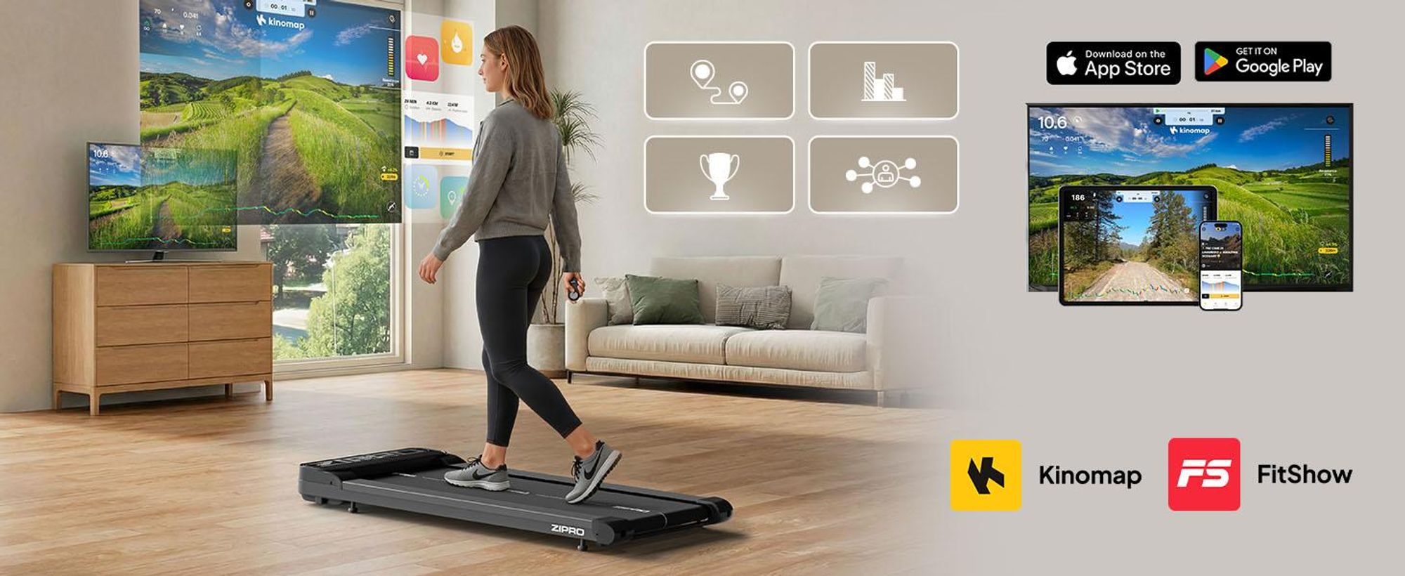 ZIPRO Catwalk Walking Pad – Elektrisches Laufband für den Schreibtisch, Ultraflach & Kompakt, Gehband für Home Office – Mit App-Kompatibilität, 1-6 km