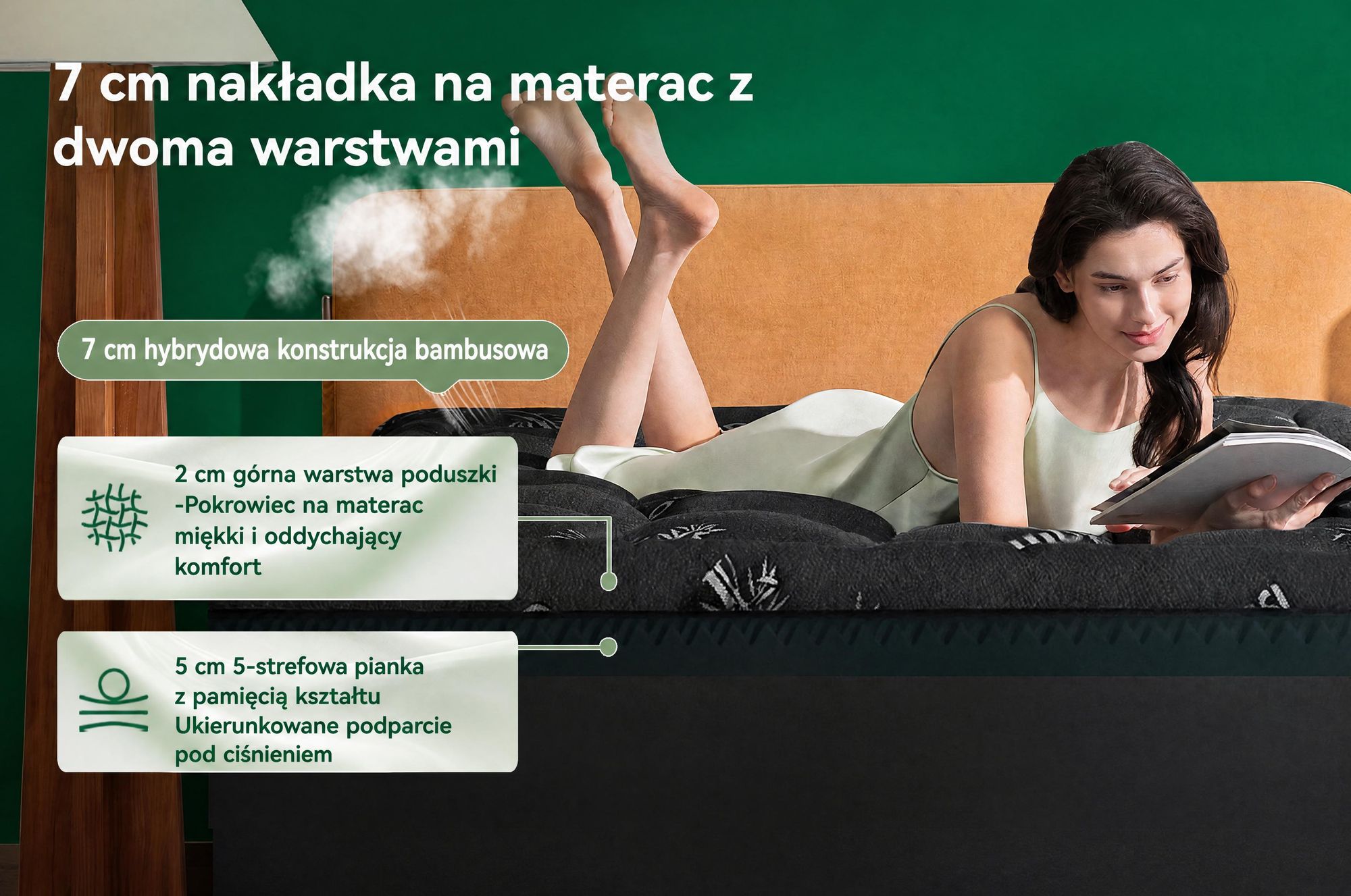 NicePlus, materac kieszeniowy 2 w 1, 140x200x7 cm, pianka termoelastyczna z podziałem na 5 stref + warstwa bambusowa, z gumkami narożnymi pasującymi do wszystkich materacy, twardość H2/H3, kolor: czarny