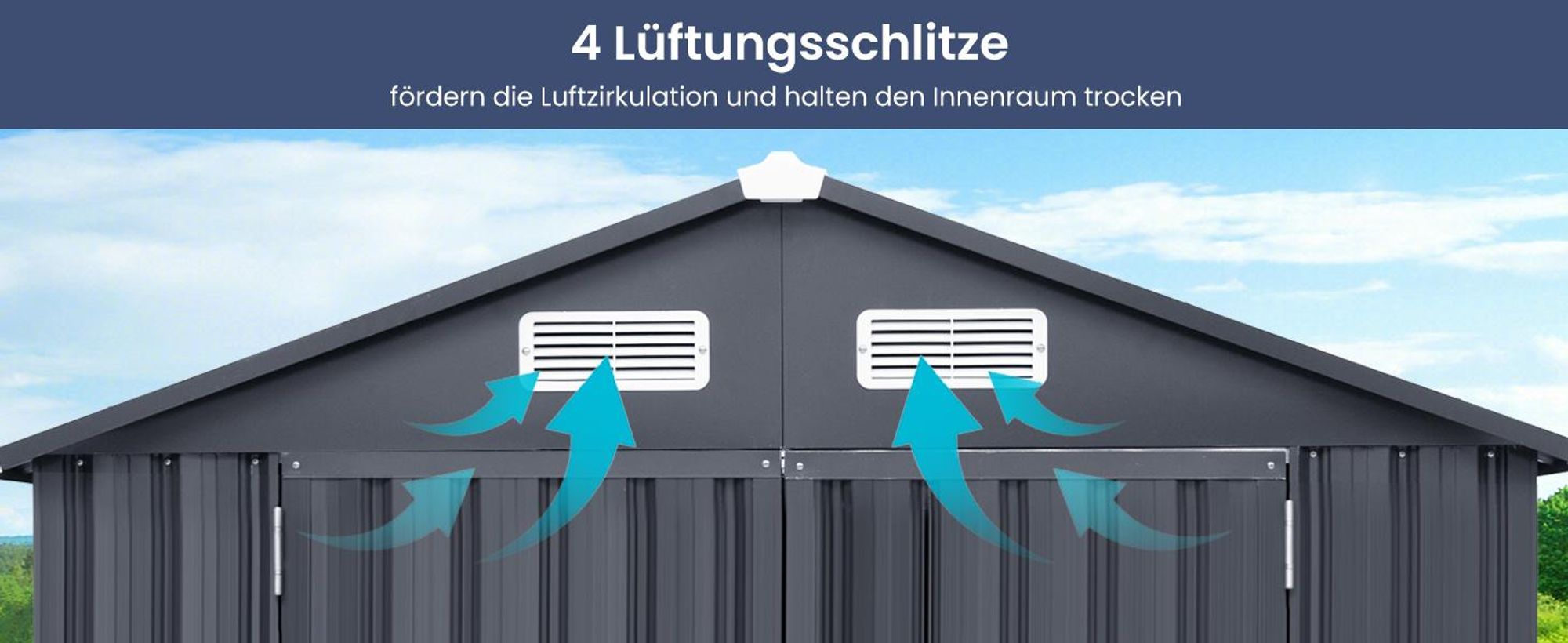 COSTWAY Gerätehaus Metall, Geräteschuppen mit 4 Lüftungen&abschließbare Türen, Gartenhaus Wetterfest für Garten, Hinterhof, 193x108x196 cm, Dunkelgrau