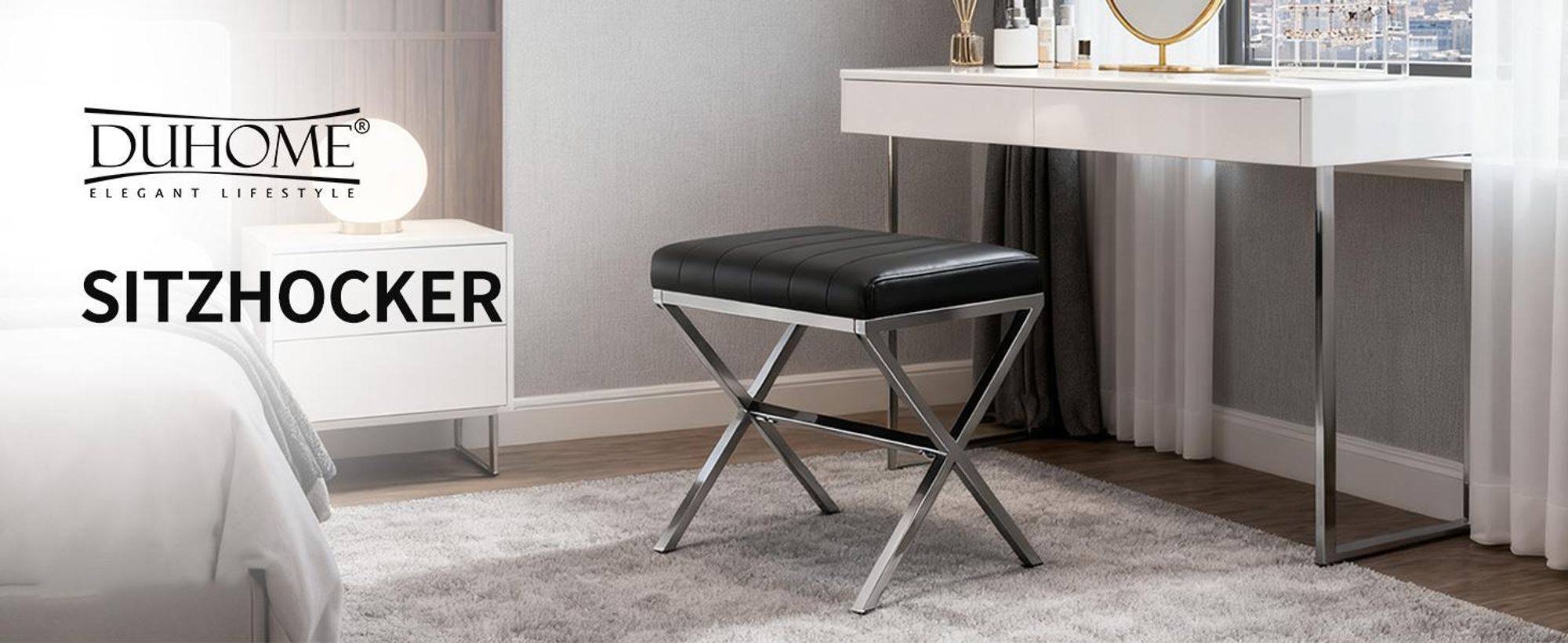 Duhome Sitzhocker Kunstleder, Polsterhocker Fußhocker Gepolstert Moderner Hocker mit Metallgestell für Flur Wohnzimmer Schlafzimmer, Schwarz