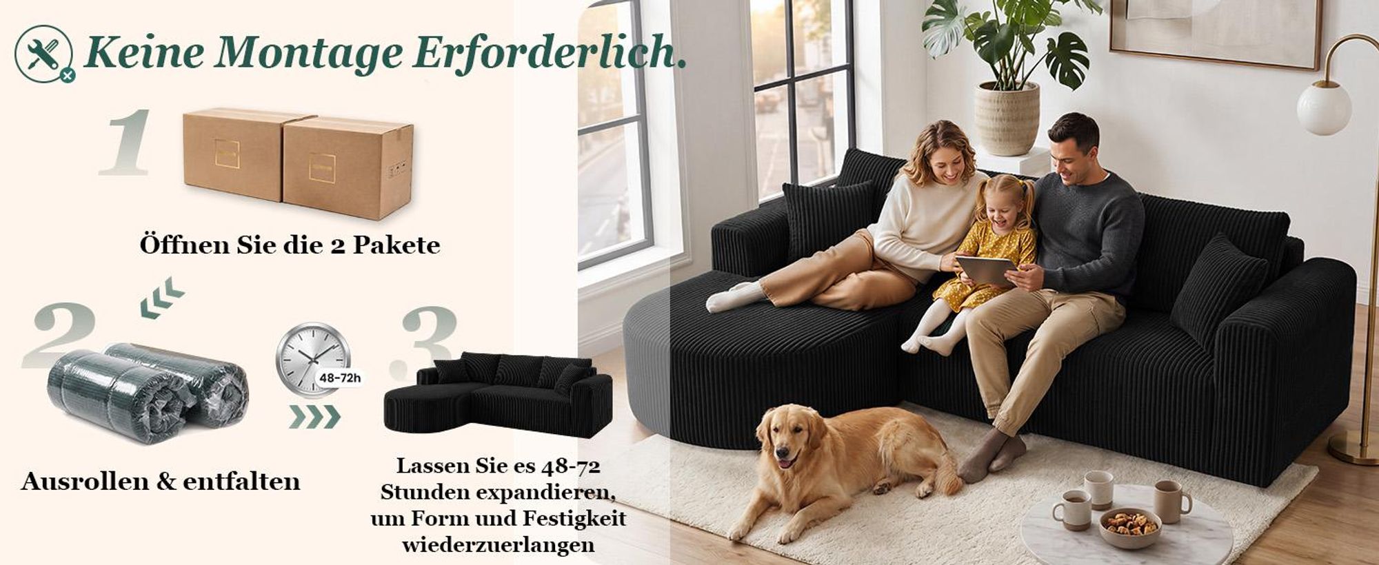 Sofa Ecksofa mit Schlaffunktion, Corduroy Modulares Boneless Couch mit Chaiselongue, L-Form Schlafsofa, Sektionssofas mit Kissen & Seitentaschen 243cm
