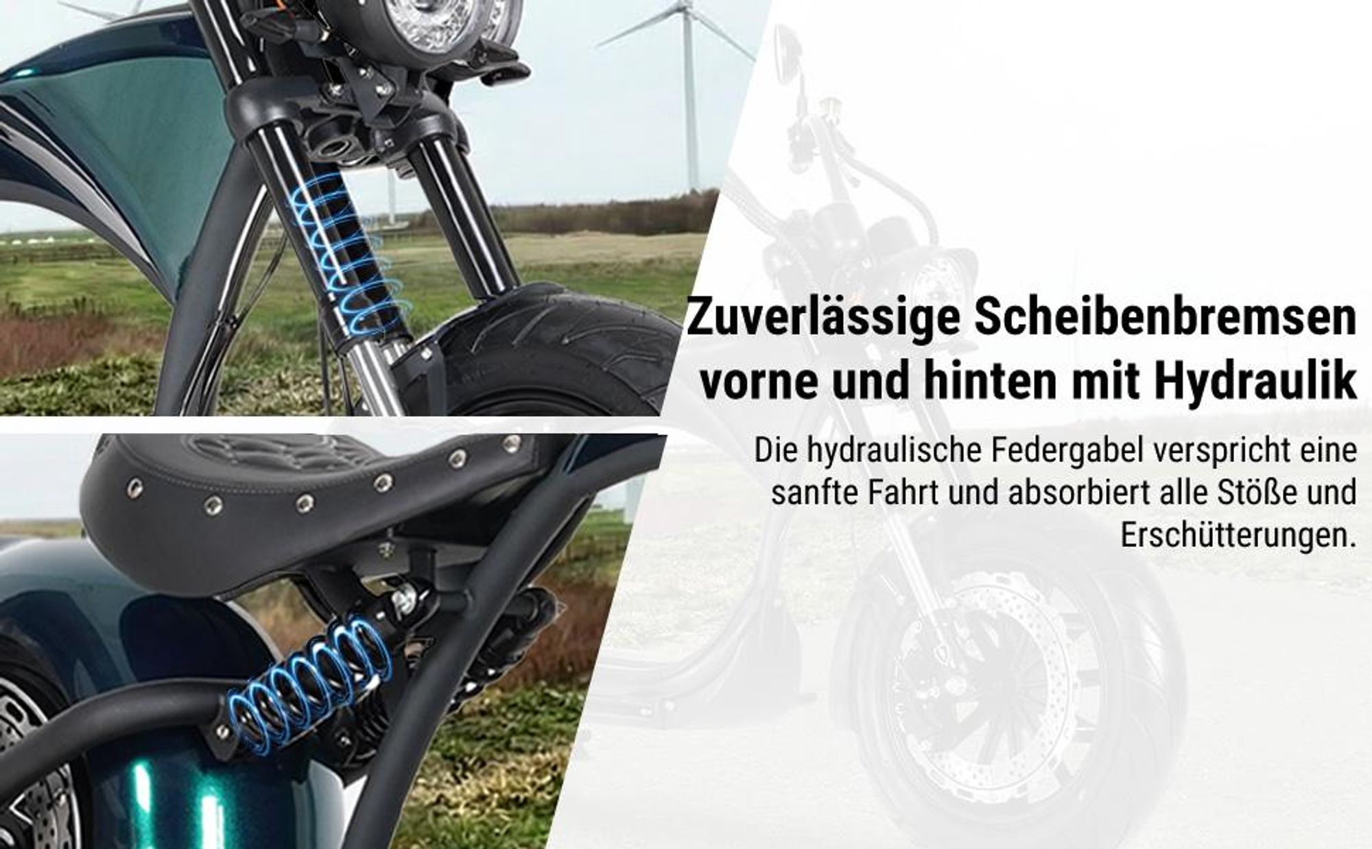 M1P E-Chopper Elektro-Kleinkraftrad 45 km/h, 2000W, 60V 30Ah Lithium-Akku, 80 km Reichweite, Hydraulikbremsen, Federung, abnehmbarer Akku, 200 kg