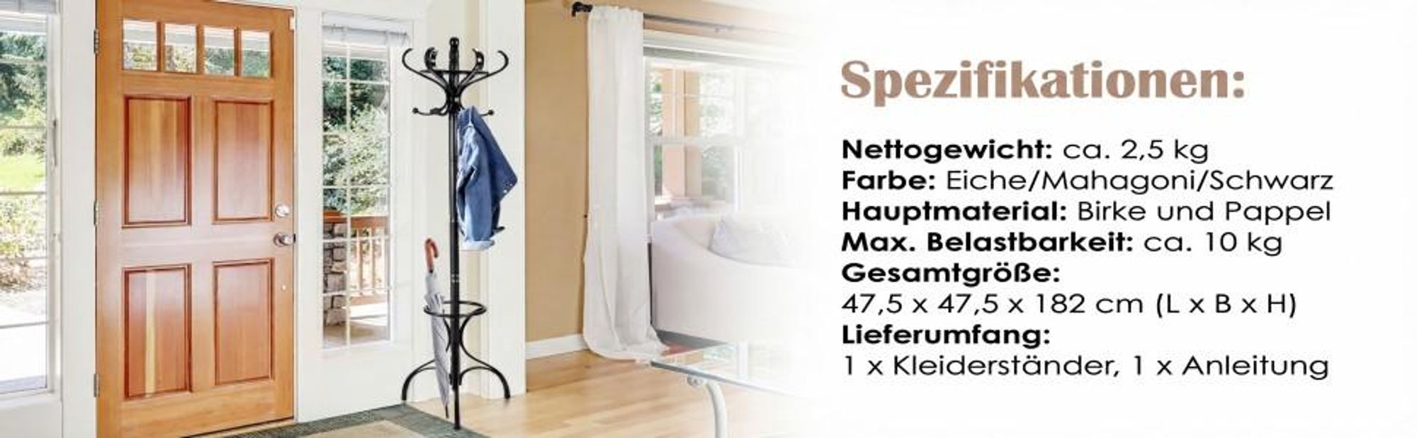 COSTWAY Garderobenständer 182cm, Kleiderständer Holz, Jackenständer mit 12 Haken & Schirmständer, Garderobe Standgarderobe Schwarz