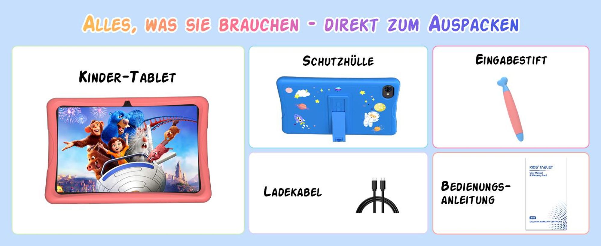 Tabwee K10 Kids 10.1" Blau Tablet, Google Kids Space, 4GB RAM+64GB ROM, Android 15 WiFi Tablet für Kind mit Kindgerechte Hülle und Stift, 5000mAh