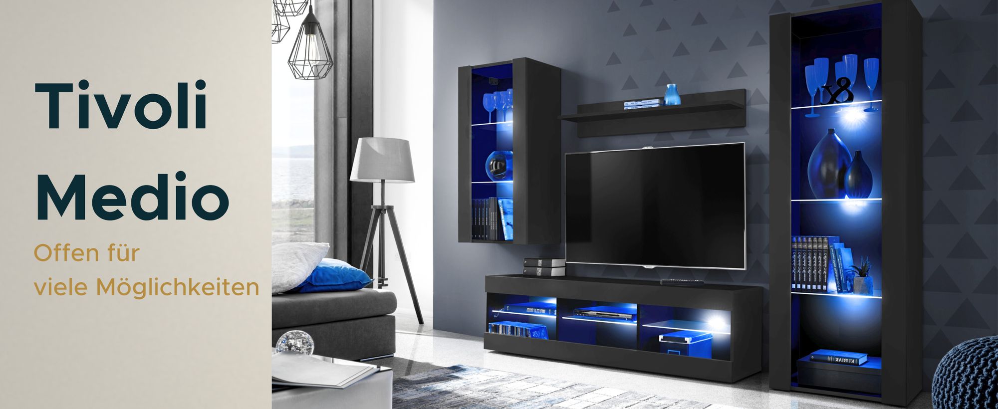 Komodee | Wohnwand mit TV-Schrank und Vitrine Tivoli Set Medio, Korpus Schwarz Matt Frontfarbe Schwarz Matt, ohne LED