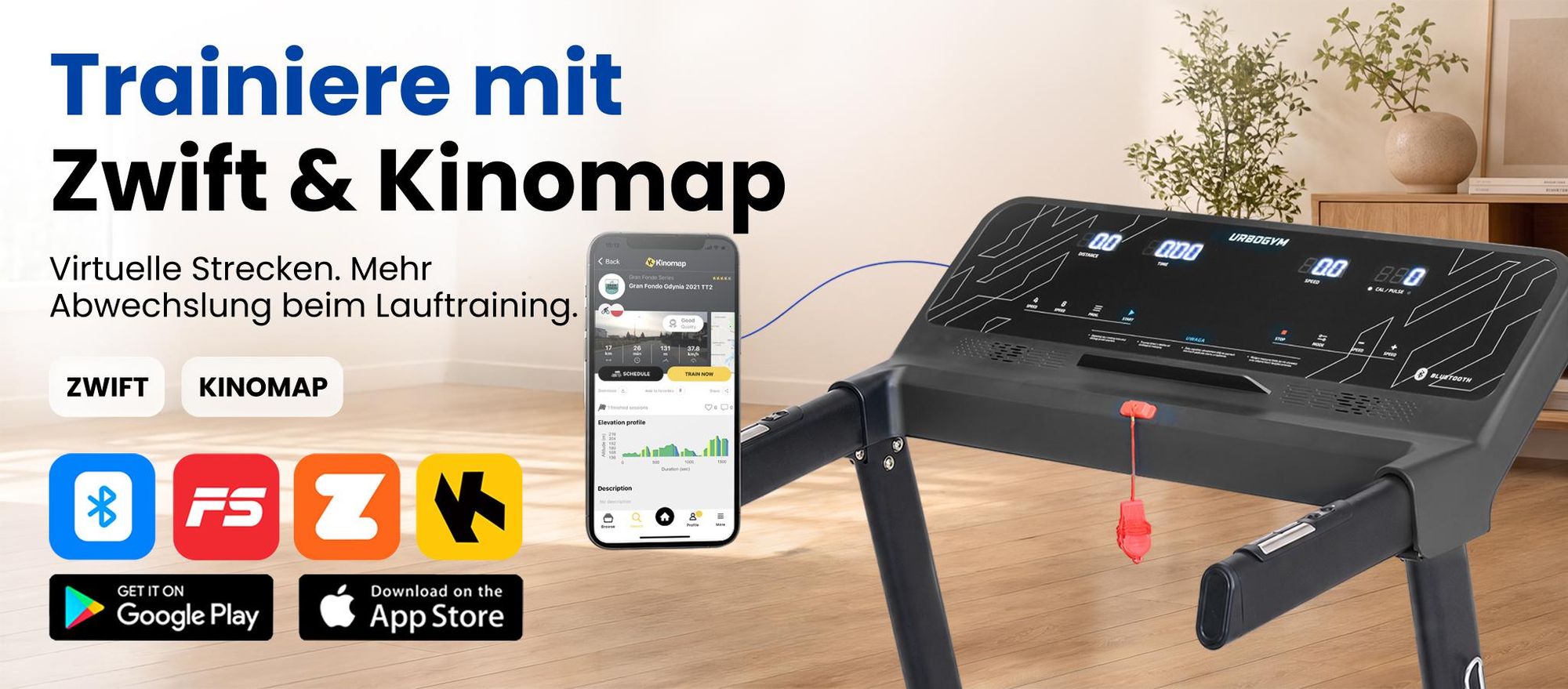 URBOGYM RUSH Laufband klappbar bis 16 km/h, 140 kg, 45 x 130 cm Lauffläche, 3 Steigungsstufen, 15 Programme, Bluetooth, Kinomap & Zwift, LED Display