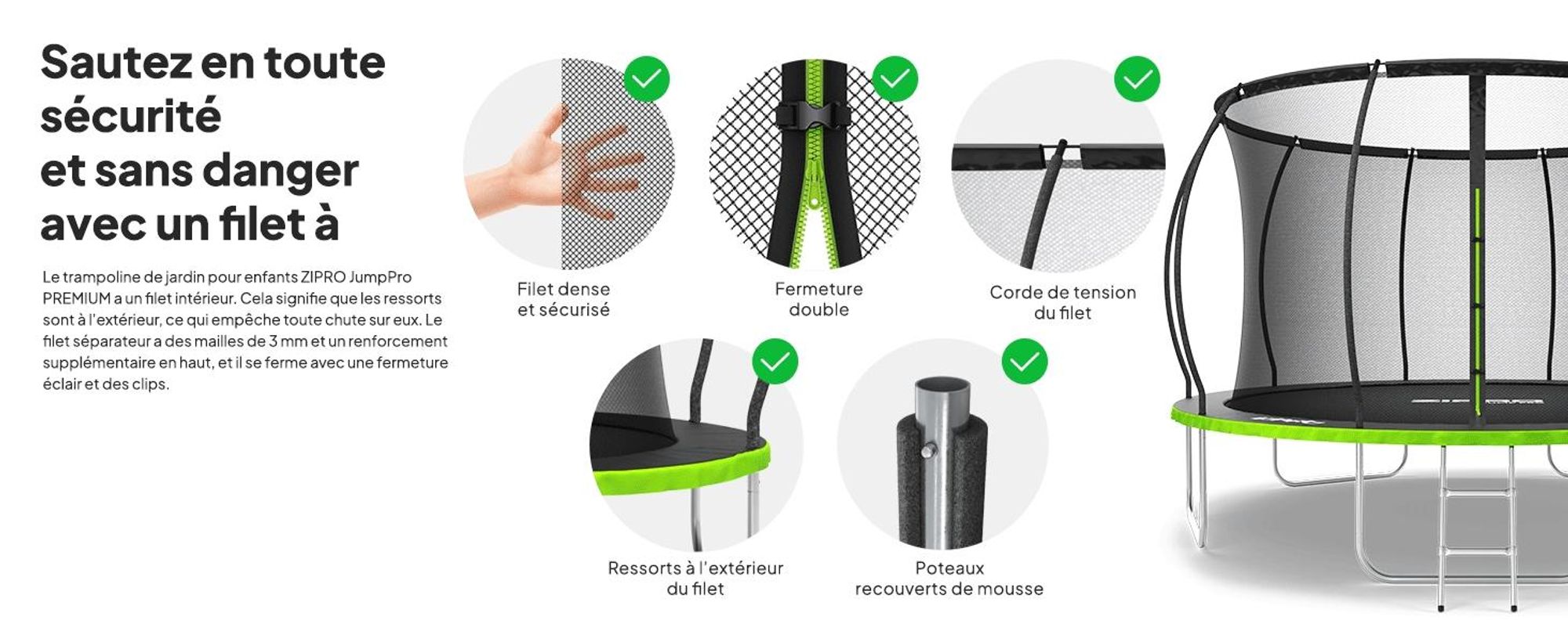 Trampoline ZIPRO Jump Pro Premium | 12FT Ø 374 cm | Trampoline de jardin Trampoline pour enfants Kit complet avec filet, échelle et housse de protection, extérieur, vert