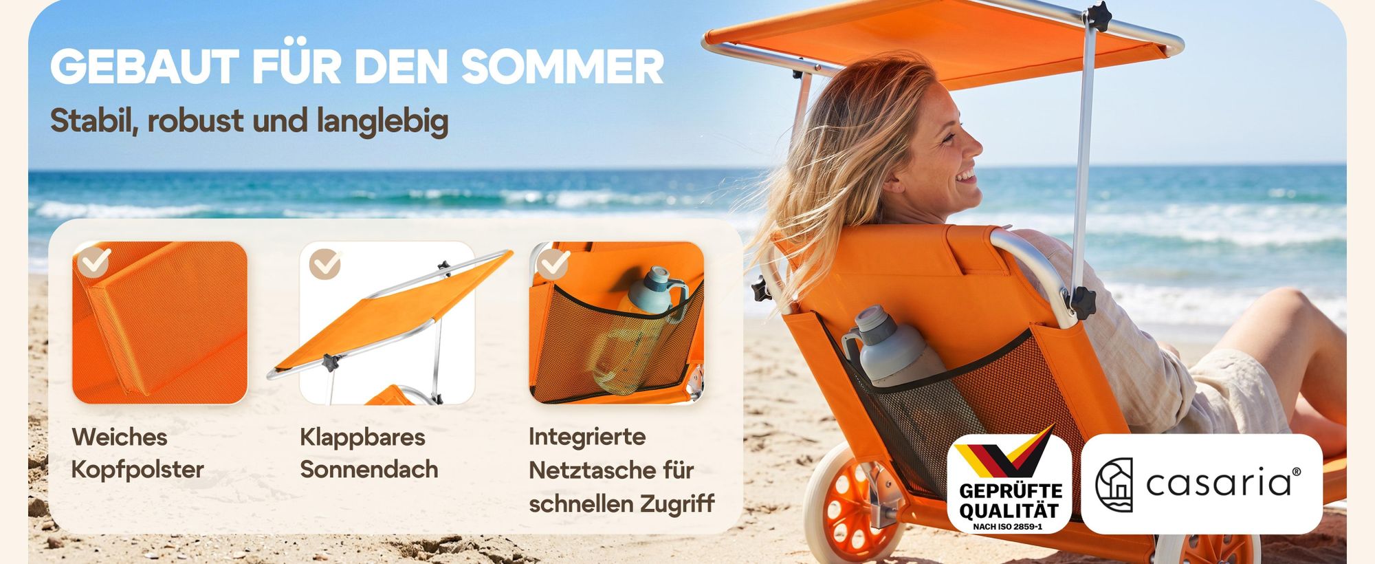 CASARIA Sonnenliege klappbar mit Sonnendach und Rädern Beige