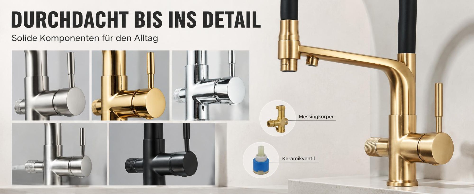 3-Wege Küchenarmatur Flexible mit Wasserfilter-Anschluss, herausziehbare Brause, 360° schwenkbar, getrennte Wasserwege, Keramikkartusche Schwarz-Matt